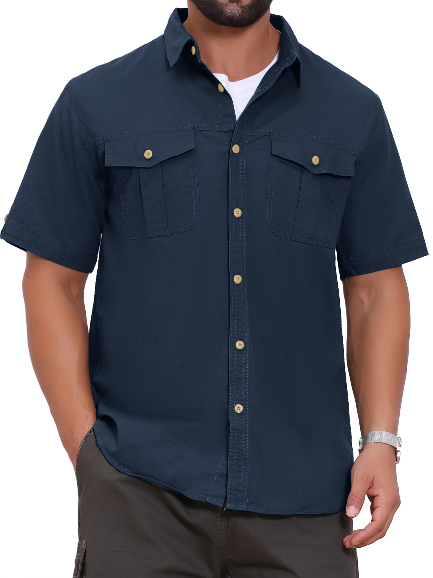 DARING DIVA Men's Fishing Shirt Summer Short Sleeve Hiking Cargo Shirts M Navy Blue