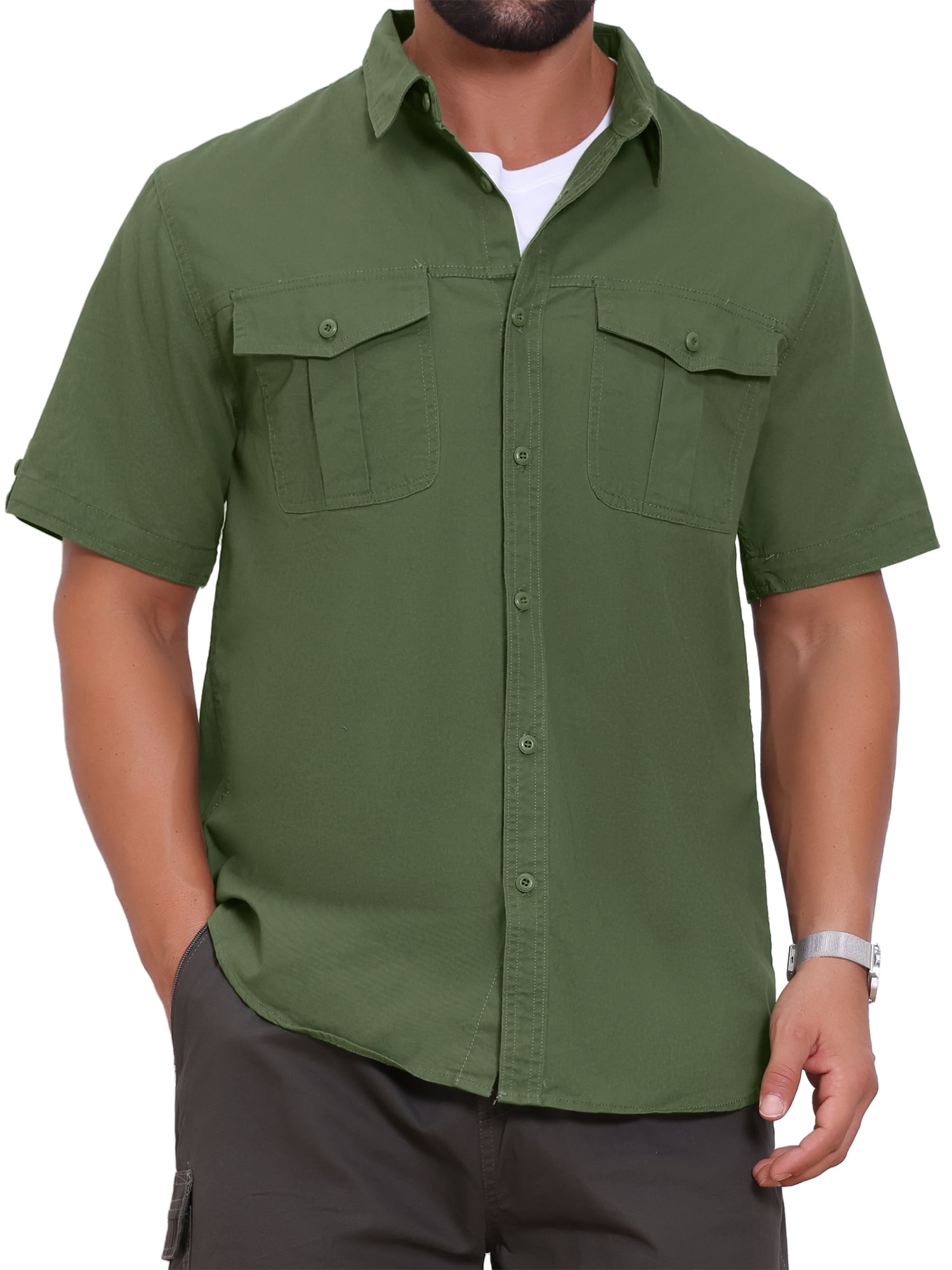DARING DIVA Men's Fishing Shirt Summer Short Sleeve Hiking Cargo Shirts S Olive Green