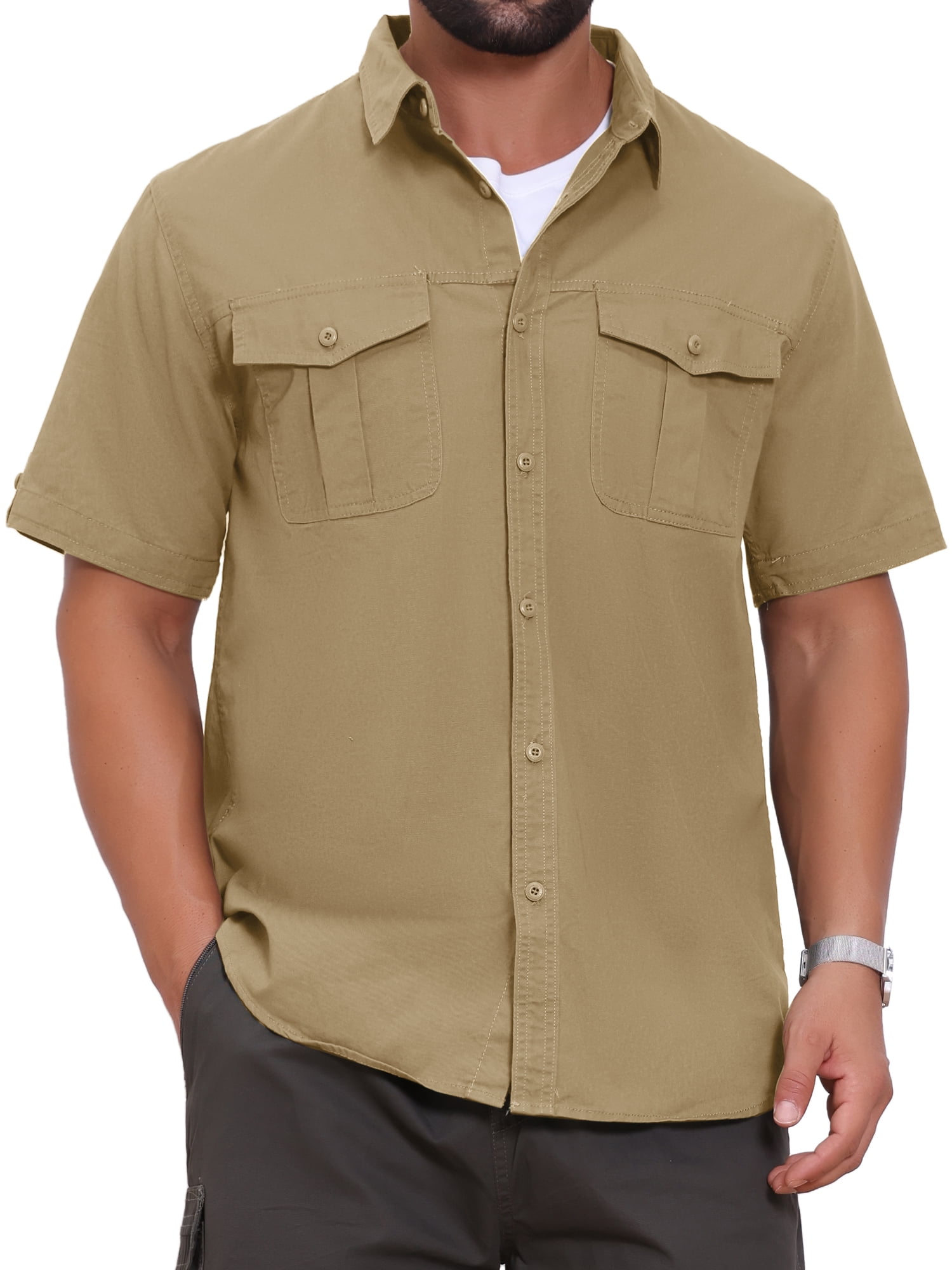 DARING DIVA Men's Fishing Shirt Summer Short Sleeve Hiking Cargo Shirts XL Khaki