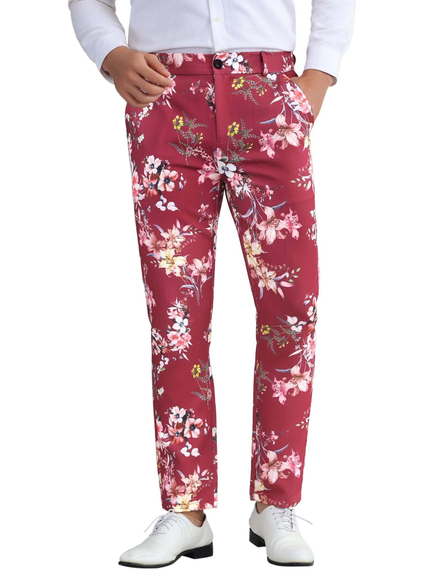 DARING DIVA Men's Flat Front Party Flower Printed Slacks Dress Pants 38 Burgundy Pink