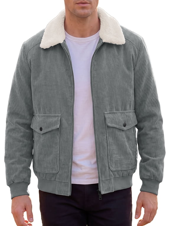 Men's Fleece Lined Corduroy Zip Up Jacket with Side Pockets for Wear S Gray
