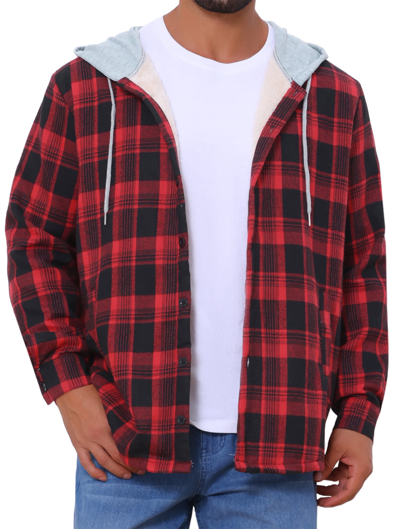 DARING DIVA Men's Fleece Lining Drawstring Hooded Plaid Shirt Jacket 2XL Black Red