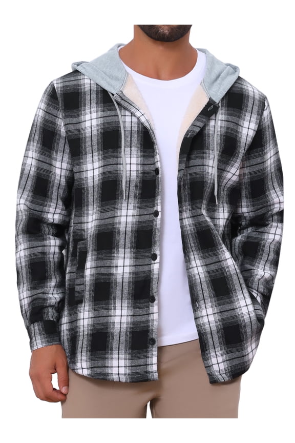Men's Fleece Lining Drawstring Hooded Plaid Shirt Jacket L Black White