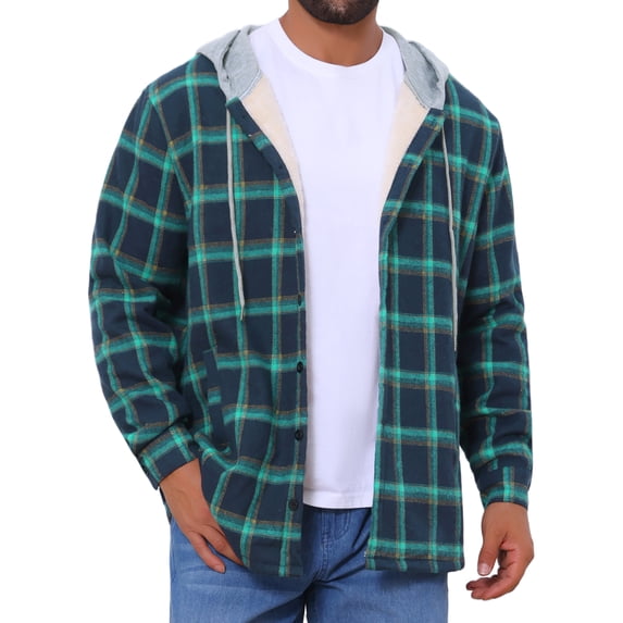 DARING DIVA Men's Fleece Lining Drawstring Hooded Plaid Shirt Jacket L Blue Green