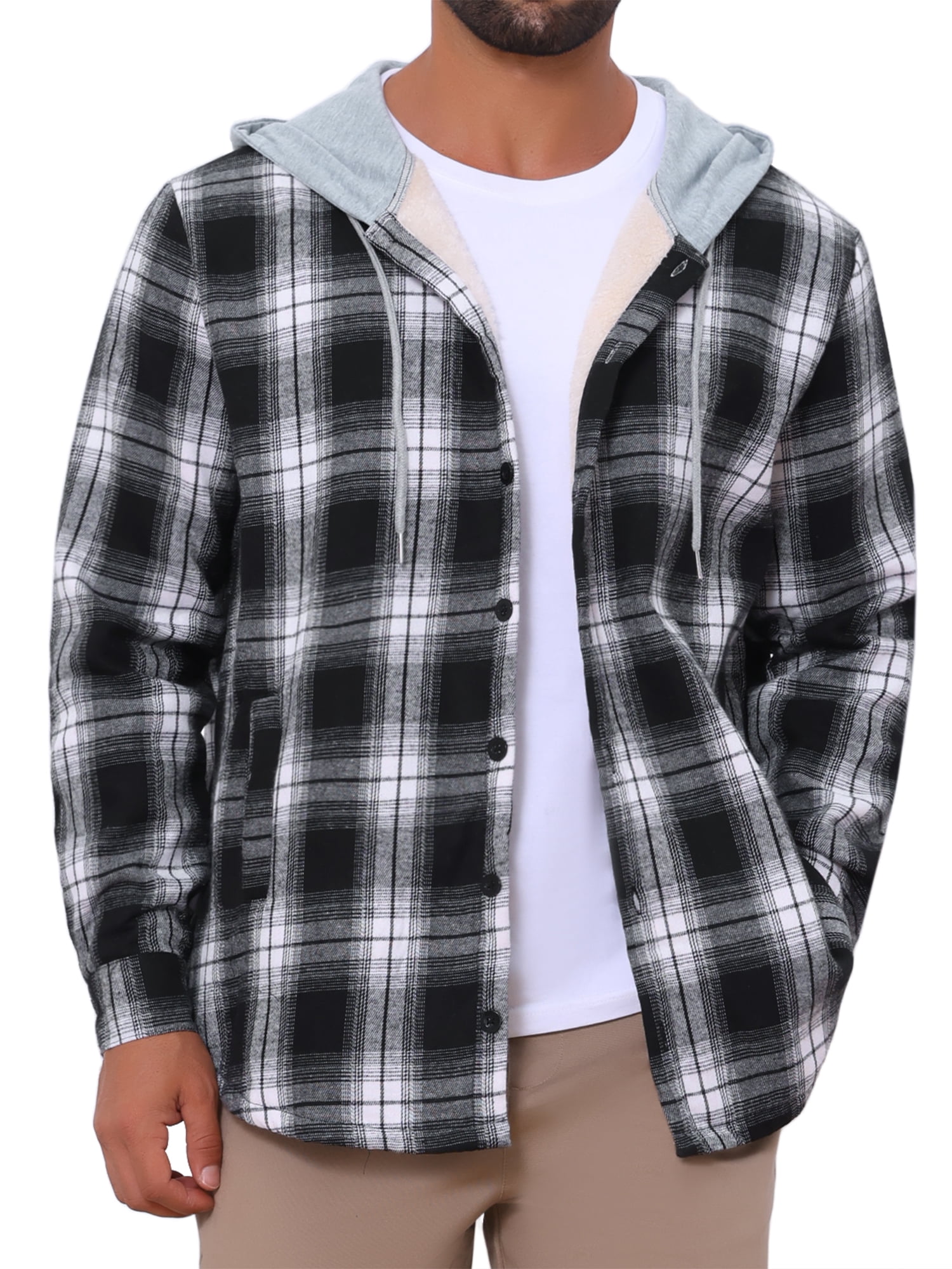 DARING DIVA Men's Fleece Lining Drawstring Hooded Plaid Shirt Jacket XL Black White