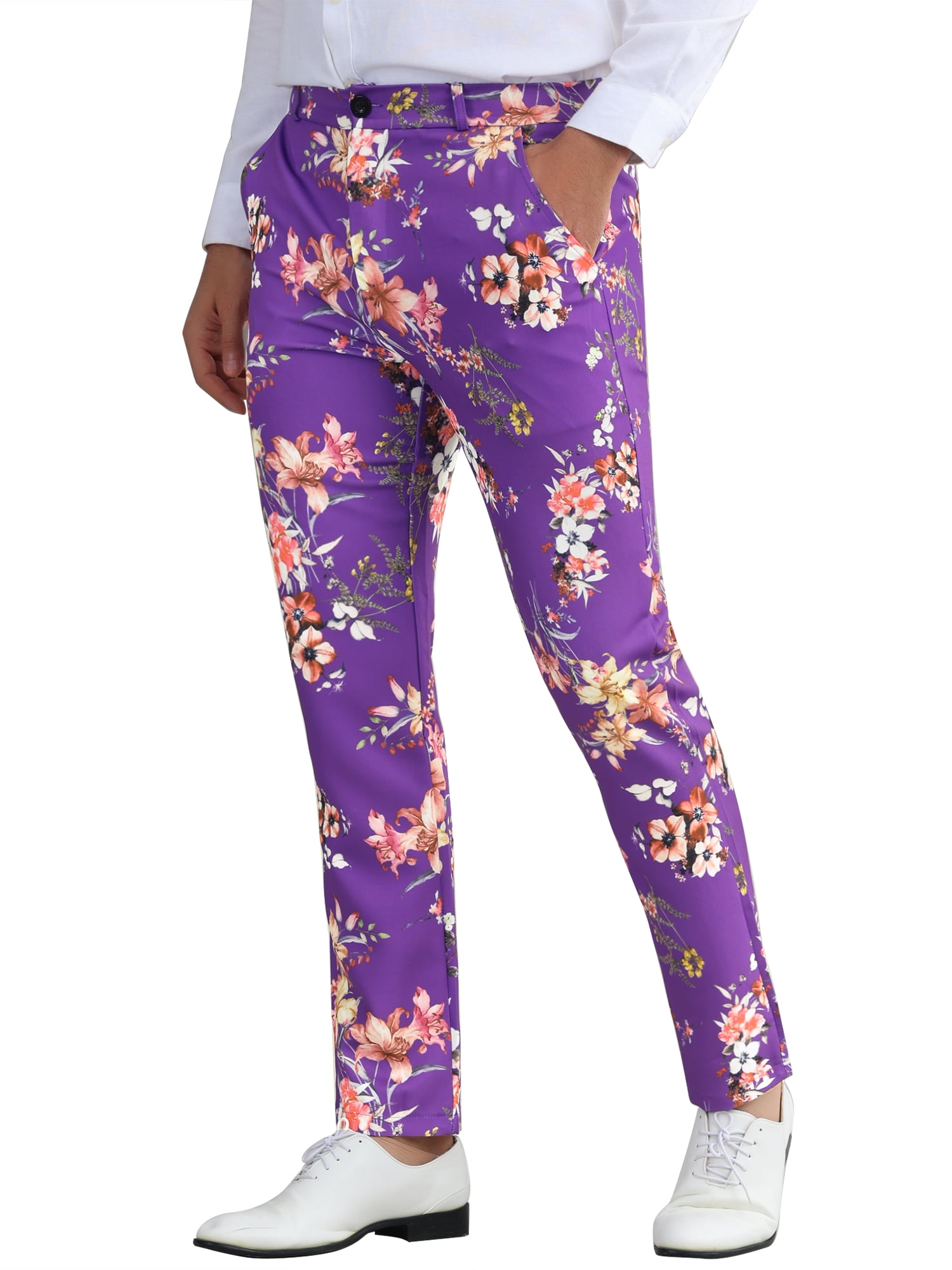 DARING DIVA Men's Floral Printed Contrasting Colors Flat Front Pants 32 Purple