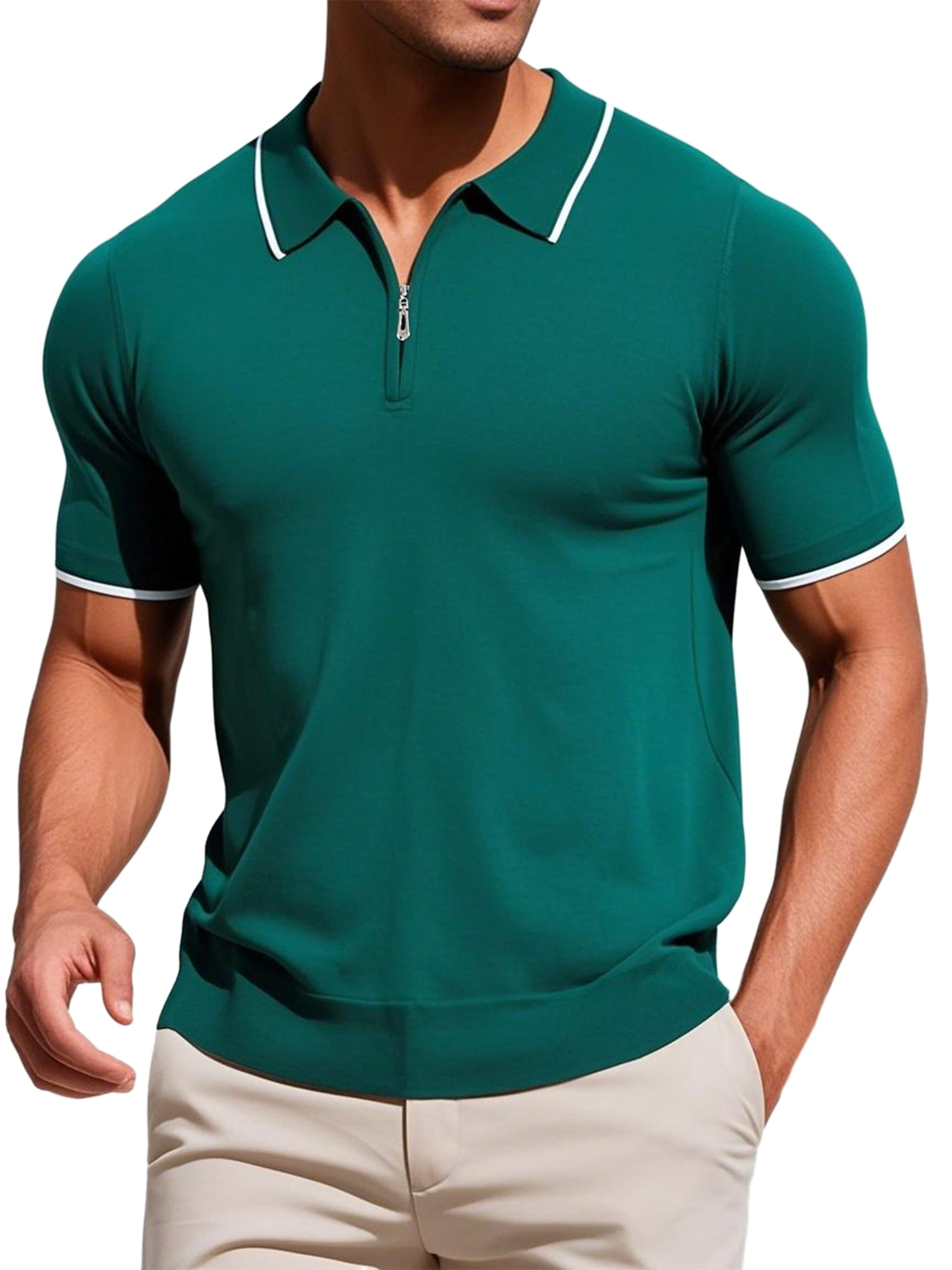 DARING DIVA Men's Formal Short Sleeved Zipper Slim Fit Classic Polo Shirts 2XL Green