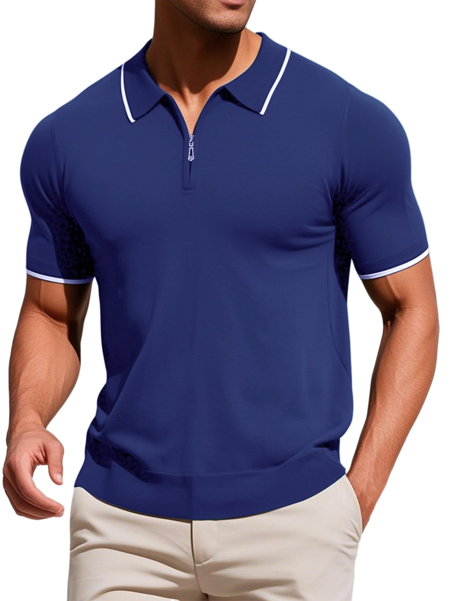 DARING DIVA Men's Formal Short Sleeved Zipper Slim Fit Classic Polo Shirts M Navy Blue