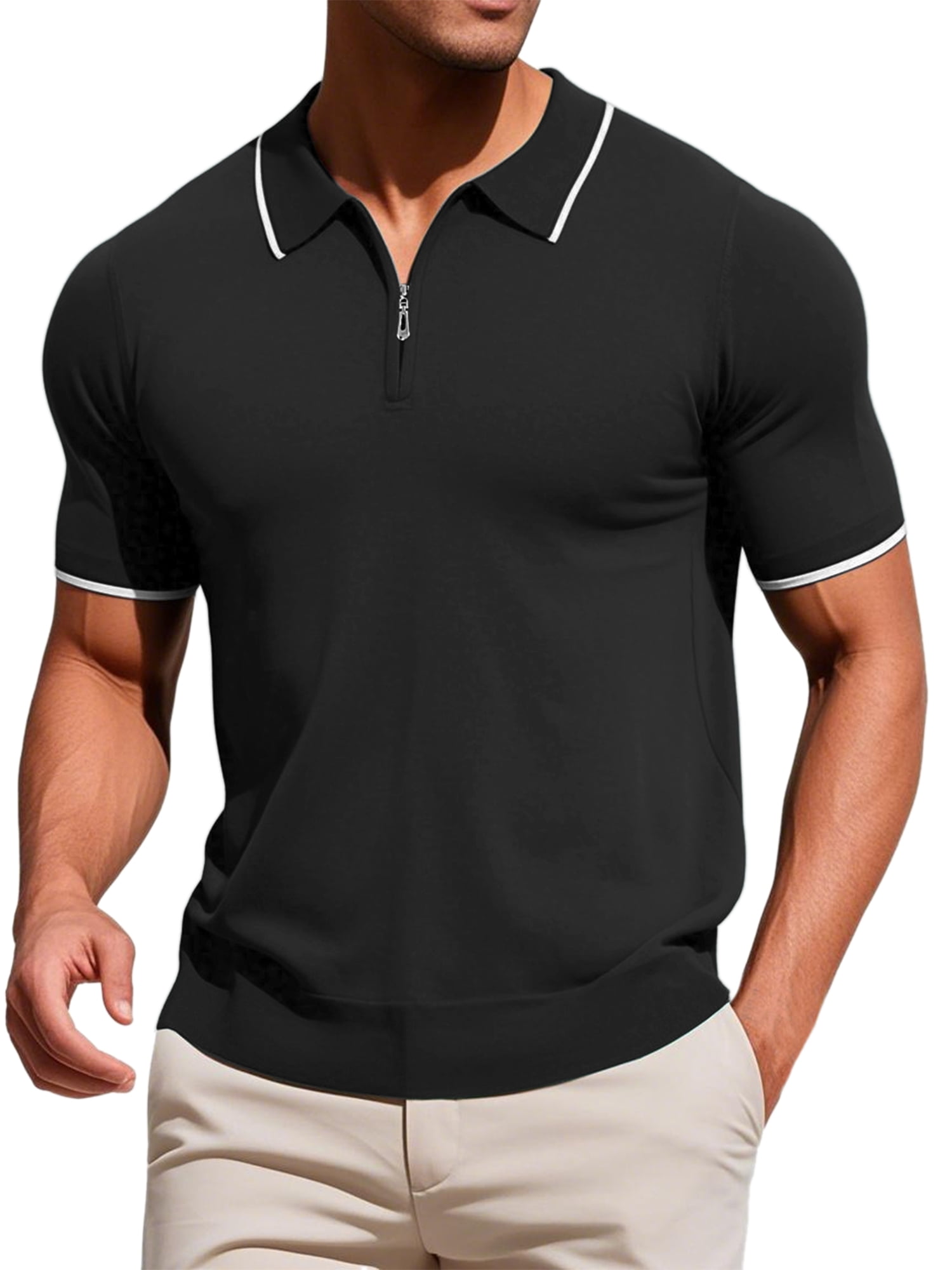 DARING DIVA Men's Formal Short Sleeved Zipper Slim Fit Classic Polo Shirts S Black