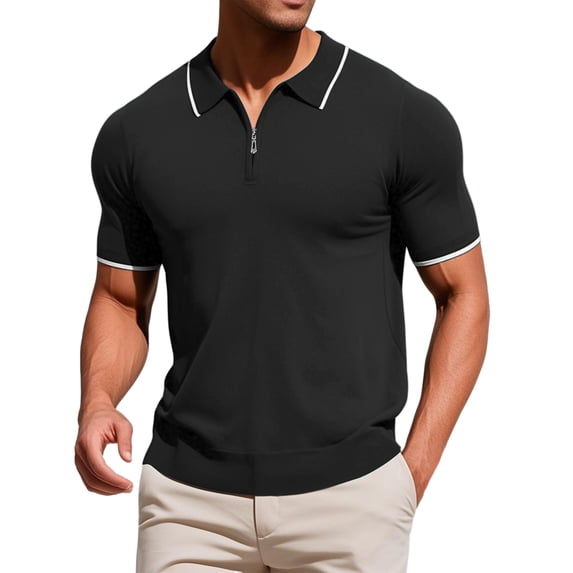 DARING DIVA Men's Formal Short Sleeved Zipper Slim Fit Classic Polo Shirts S Black
