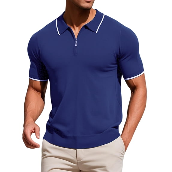 DARING DIVA Men's Formal Short Sleeved Zipper Slim Fit Classic Polo Shirts XL Navy Blue