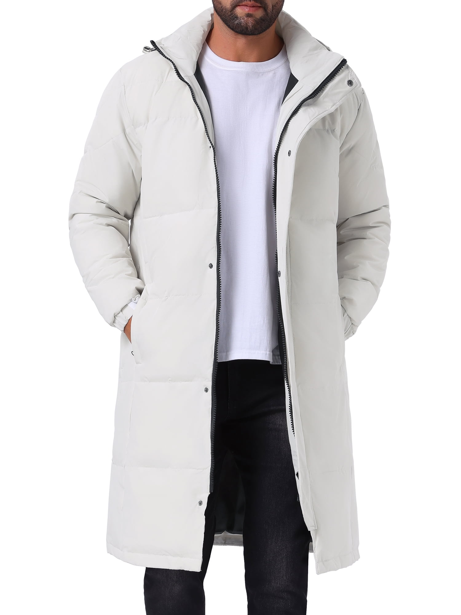 DARING DIVA Men's Full-Zip Detachable Hooded Long Quilted Puffer Jacket L White
