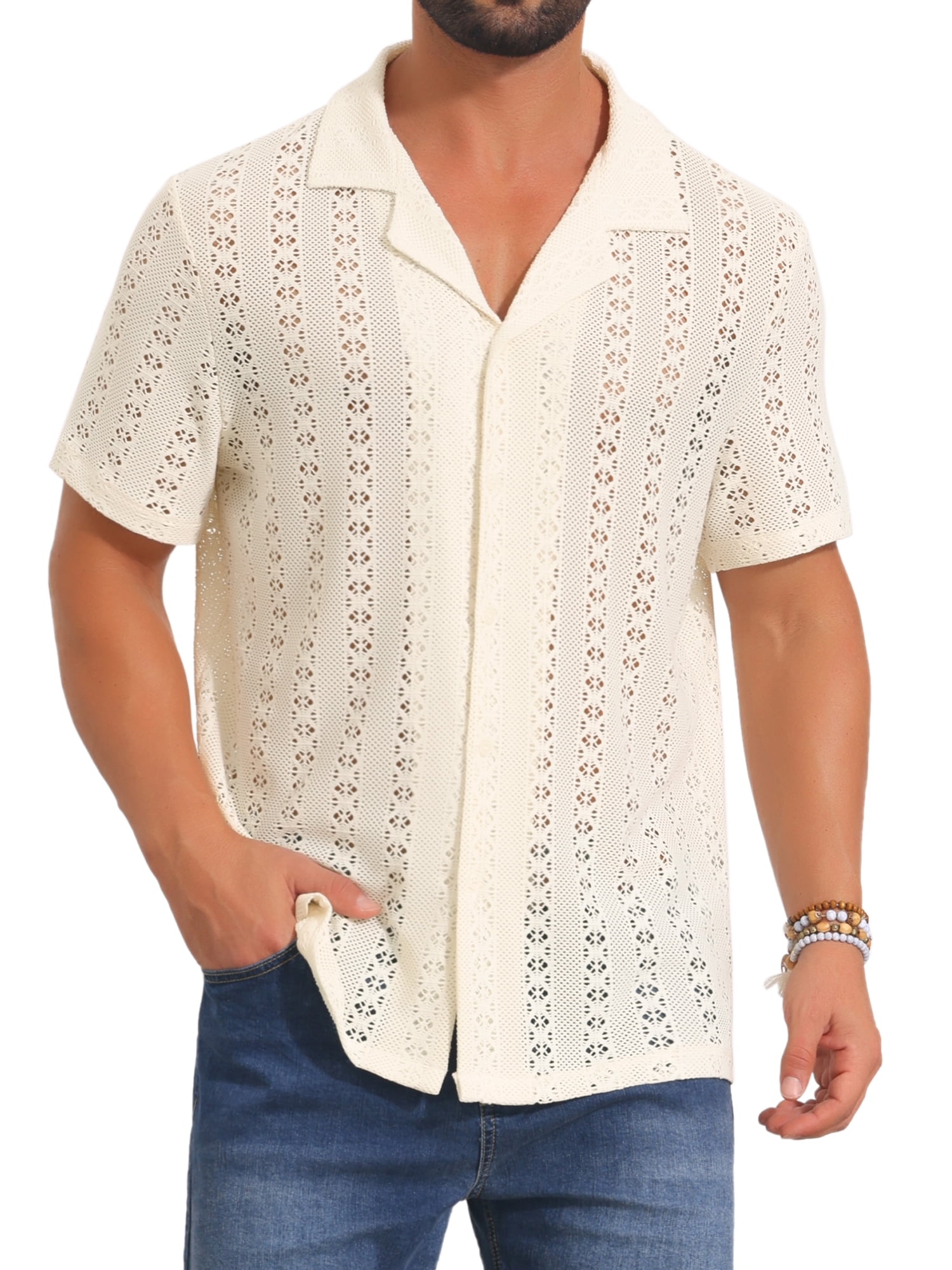DARING DIVA Men's Hawaiian Camp Collar Button Down Short Sleeve Textured Shirts XL Beige