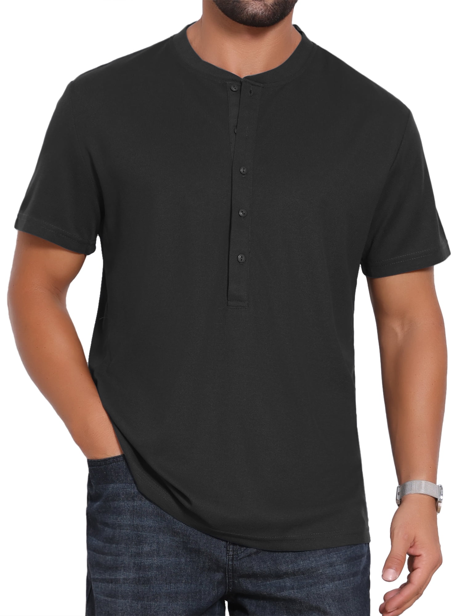 DARING DIVA Men's Henley Breathable Short Sleeve Button Down T-Shirt 2XL Black