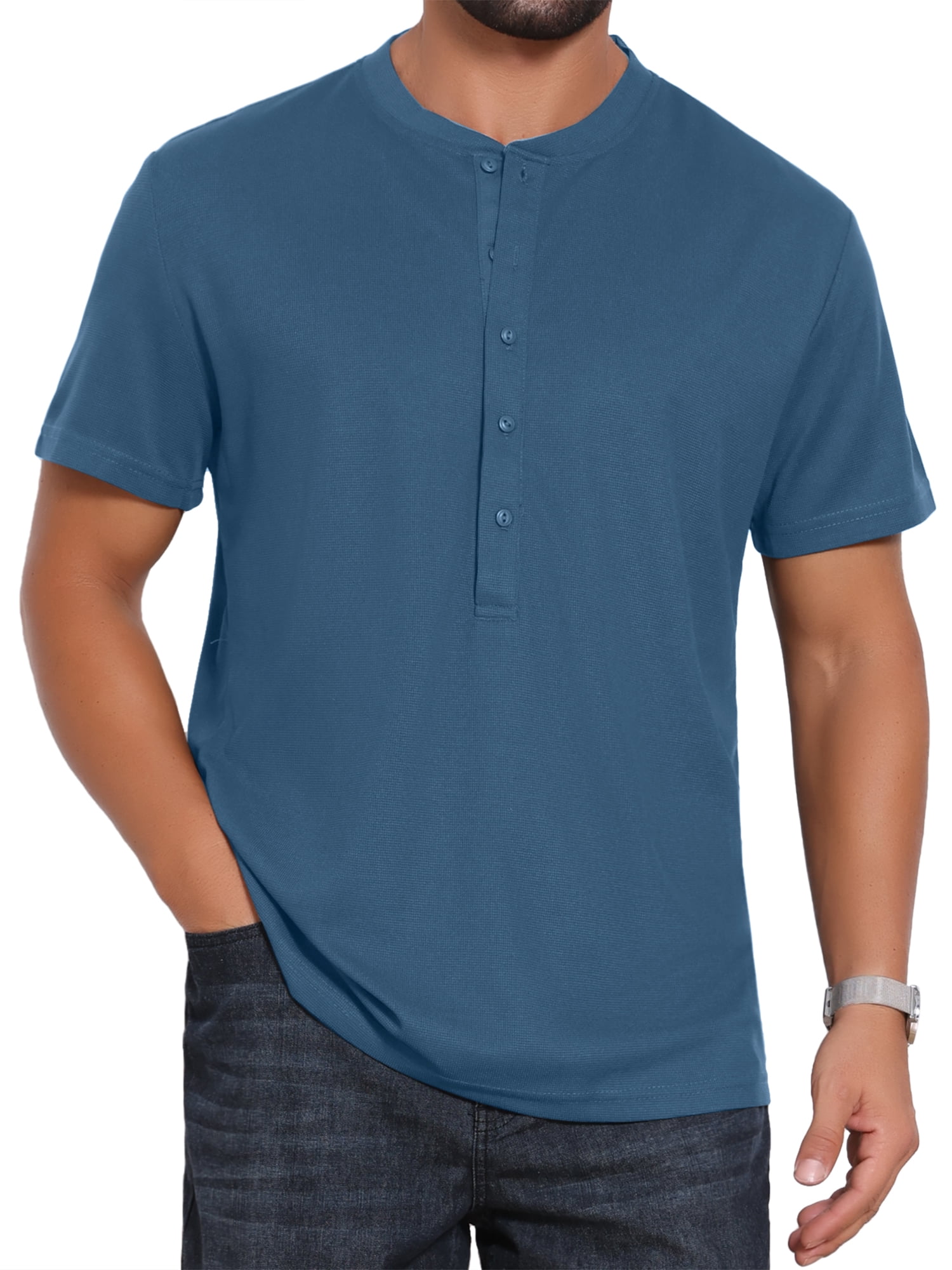 DARING DIVA Men's Henley Breathable Short Sleeve Button Down T-Shirt 2XL Dark Blue