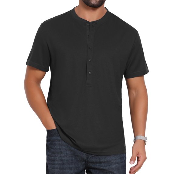 DARING DIVA Men's Henley Breathable Short Sleeve Button Down T-Shirt L Black