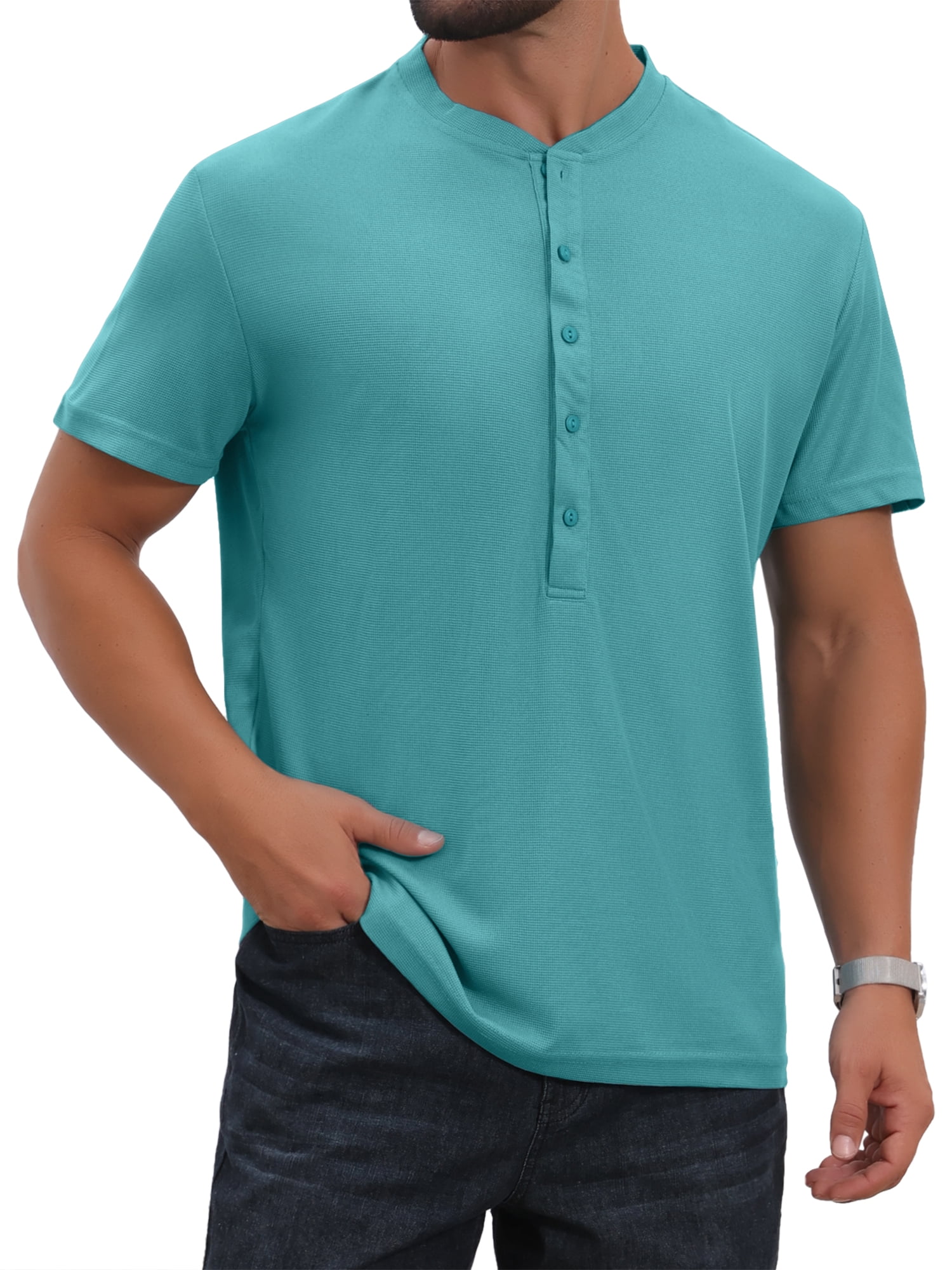 DARING DIVA Men's Henley Breathable Short Sleeve Button Down T-Shirt M Light Blue