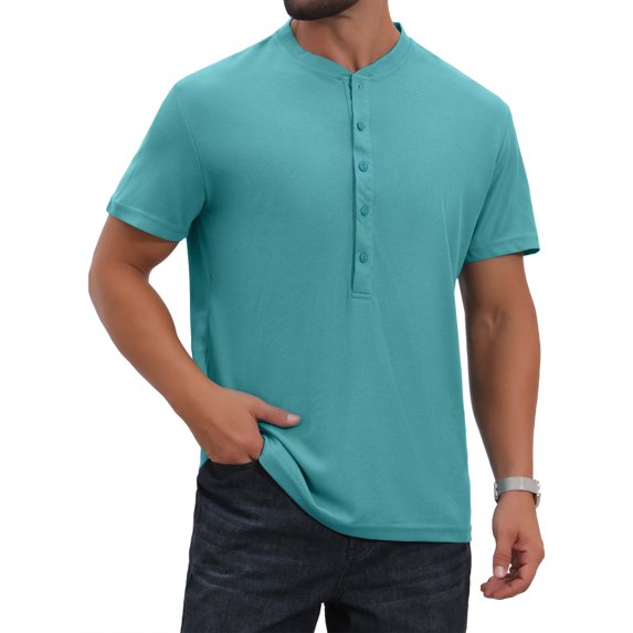 DARING DIVA Men's Henley Breathable Short Sleeve Button Down T-Shirt M Light Blue