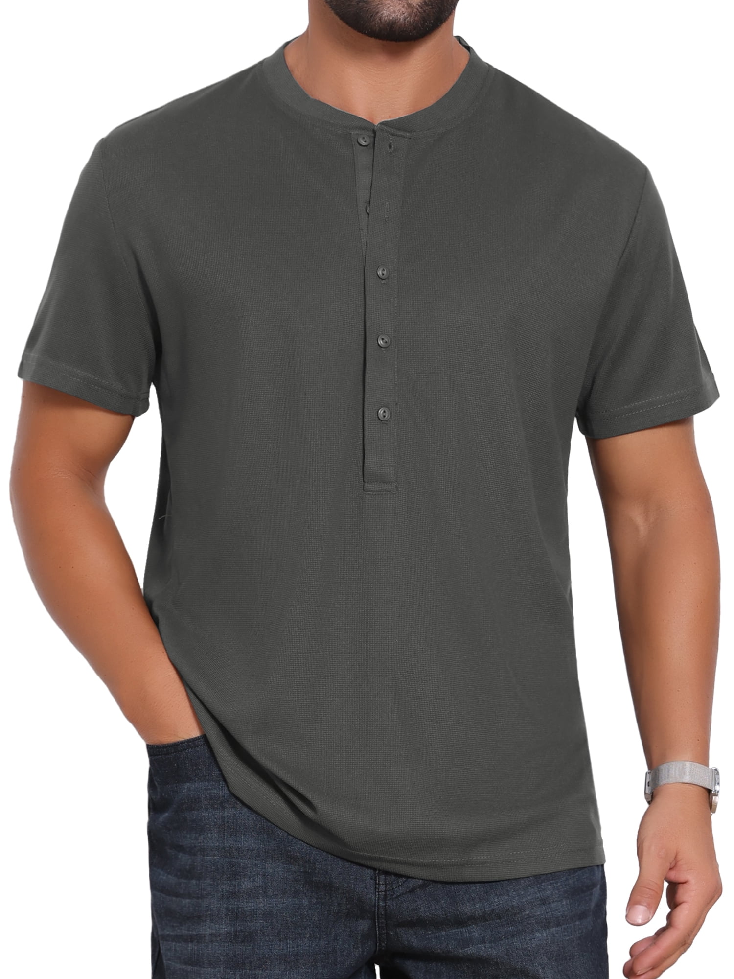 DARING DIVA Men's Henley Breathable Short Sleeve Button Down T-Shirt S Dark Gray