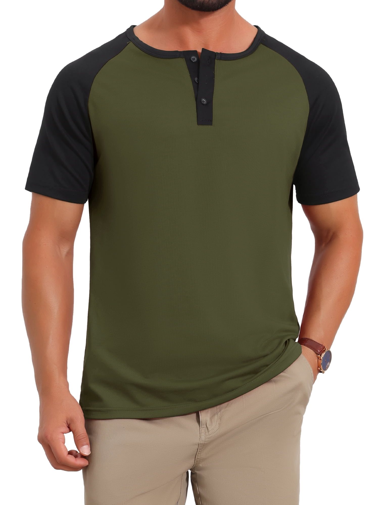 DARING DIVA Men's Henley Button Down Color Block Short Sleeve T-Shirt 2XL Olive Green