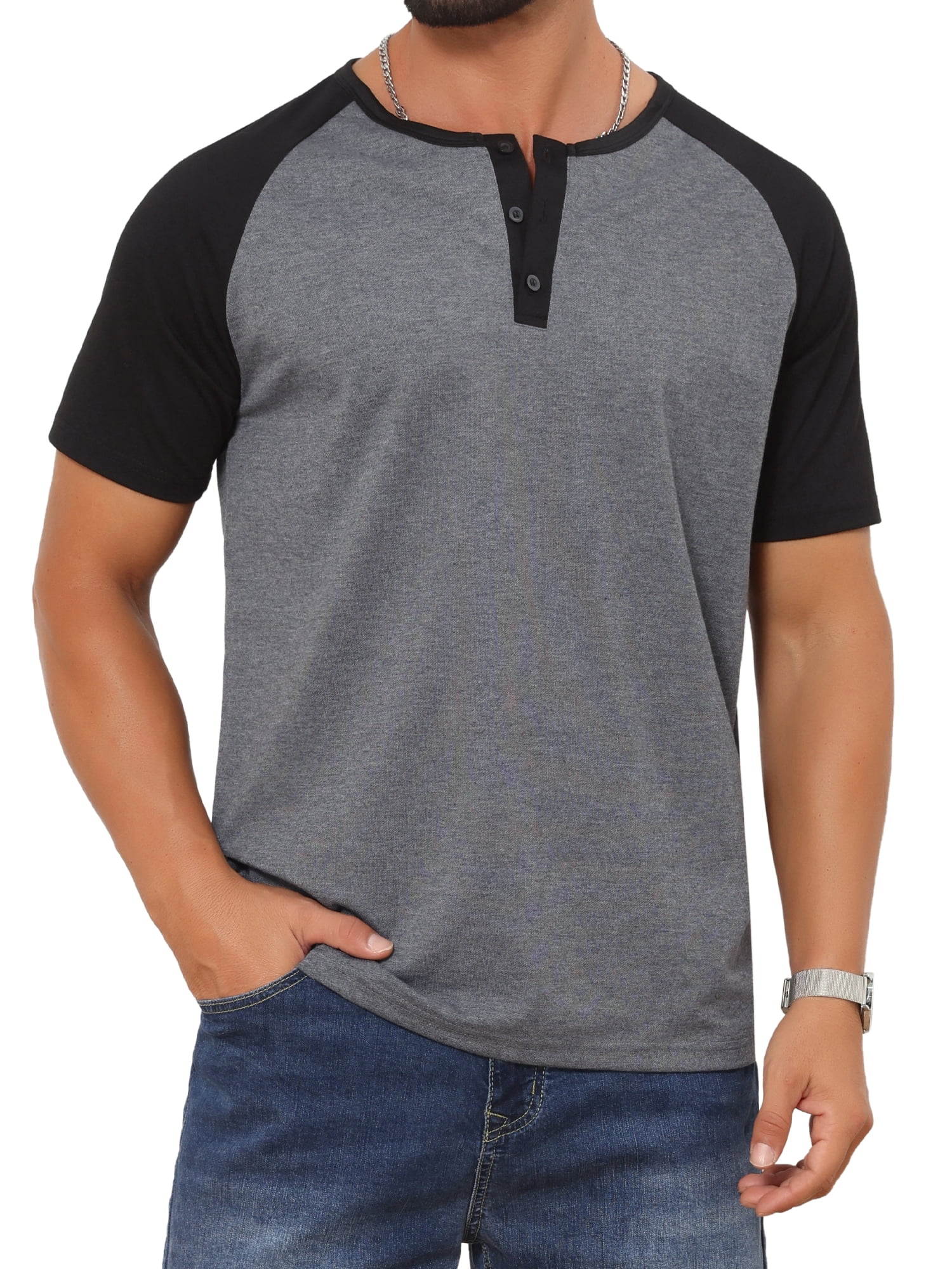 DARING DIVA Men's Henley Button Down Color Block Short Sleeve T-Shirt S Dark Gray
