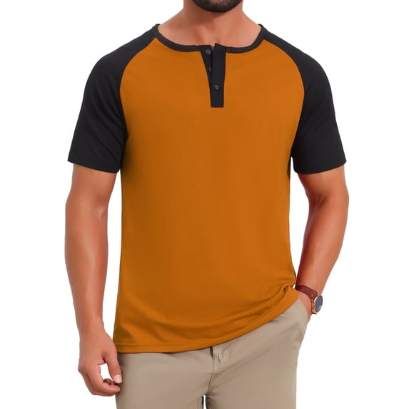 DARING DIVA Men's Henley Button Down Color Block Short Sleeve T-Shirt S Orange