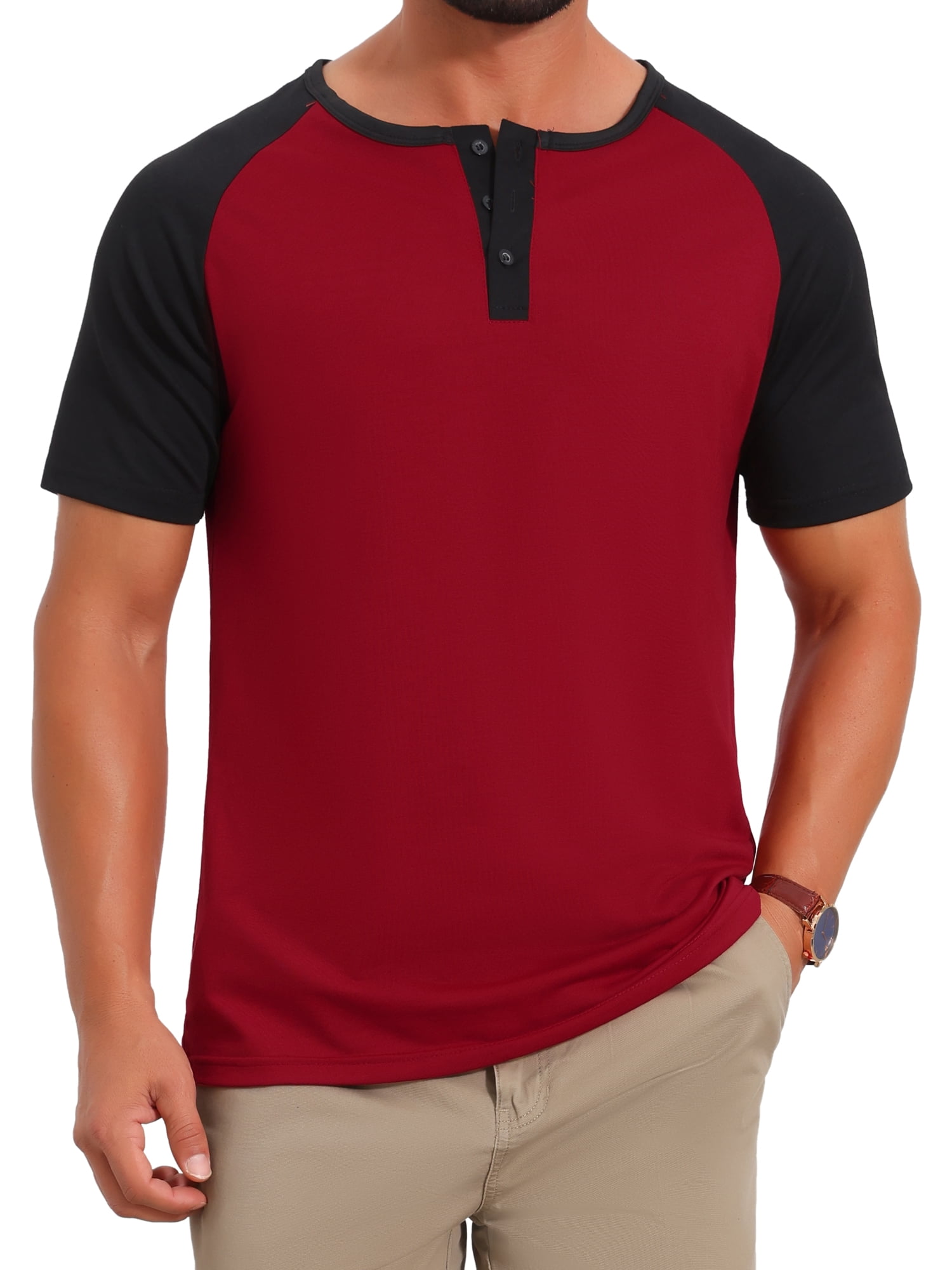 DARING DIVA Men's Henley Button Down Color Block Short Sleeve T-Shirt XL Burgundy