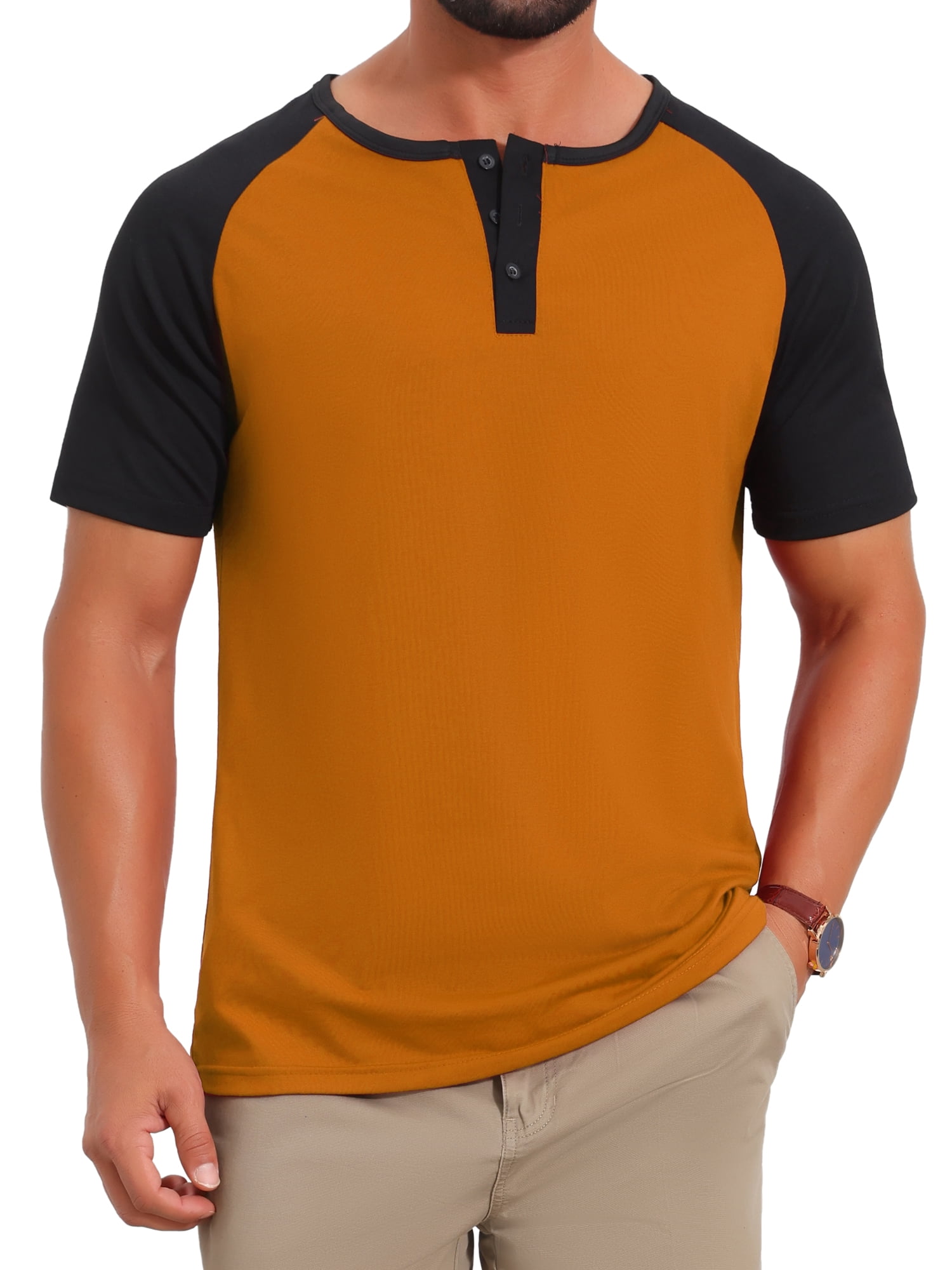 DARING DIVA Men's Henley Button Down Color Block Short Sleeve T-Shirt XL Orange