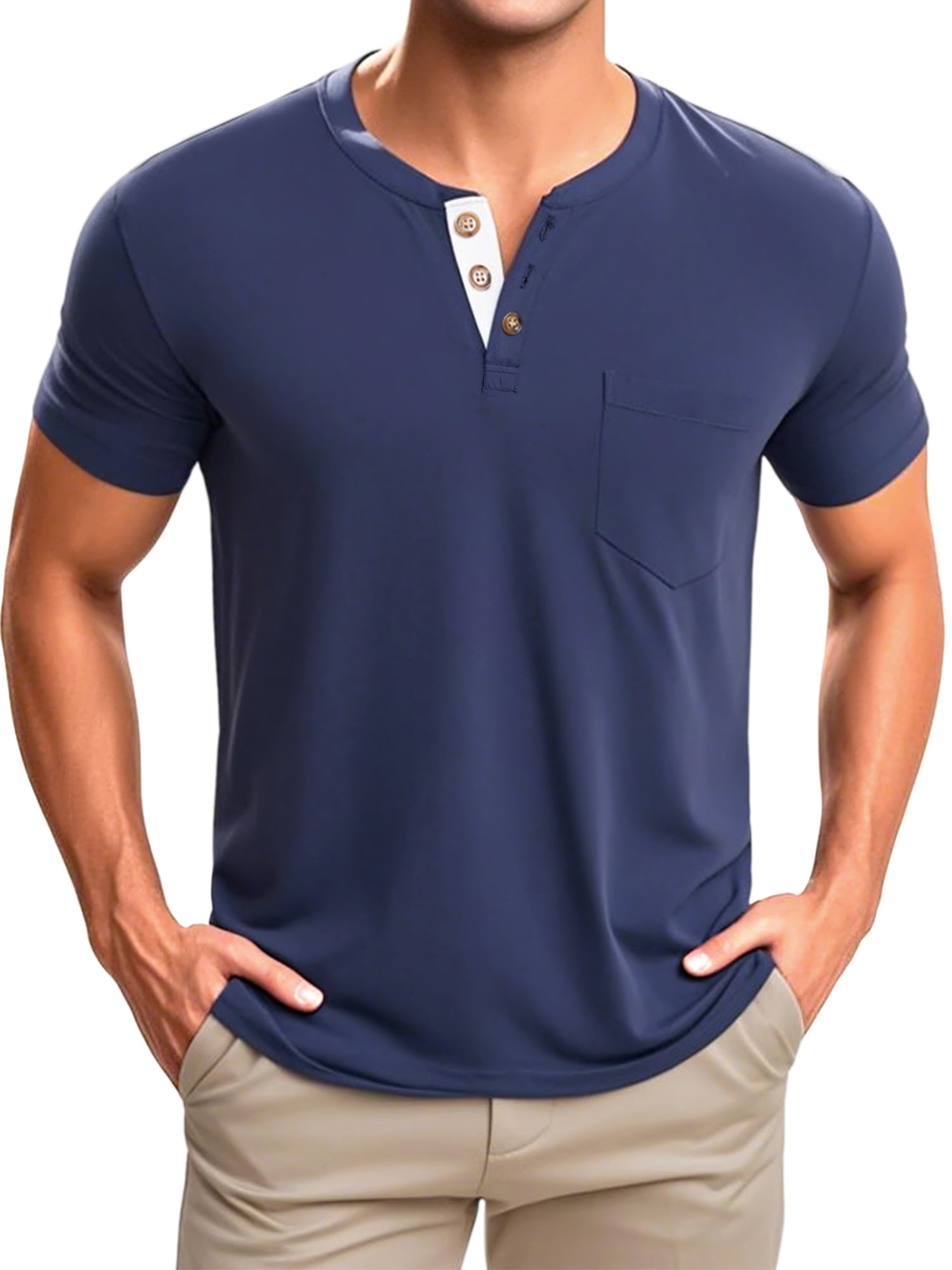 DARING DIVA Men's Casual Summer Short Sleeves Button Henley Basic Tee 2XL Blue