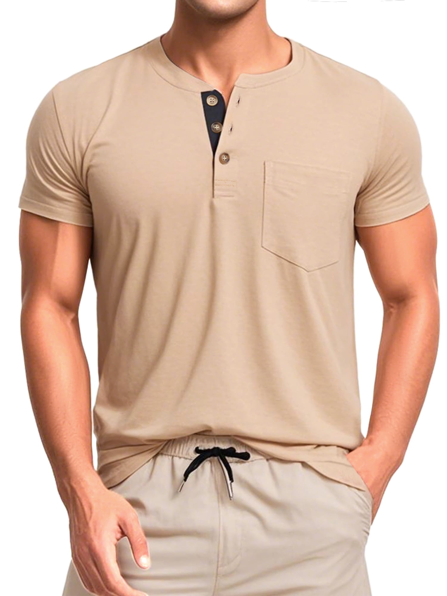 DARING DIVA Men's Casual Summer Short Sleeves Button Henley Basic Tee 2XL Khaki