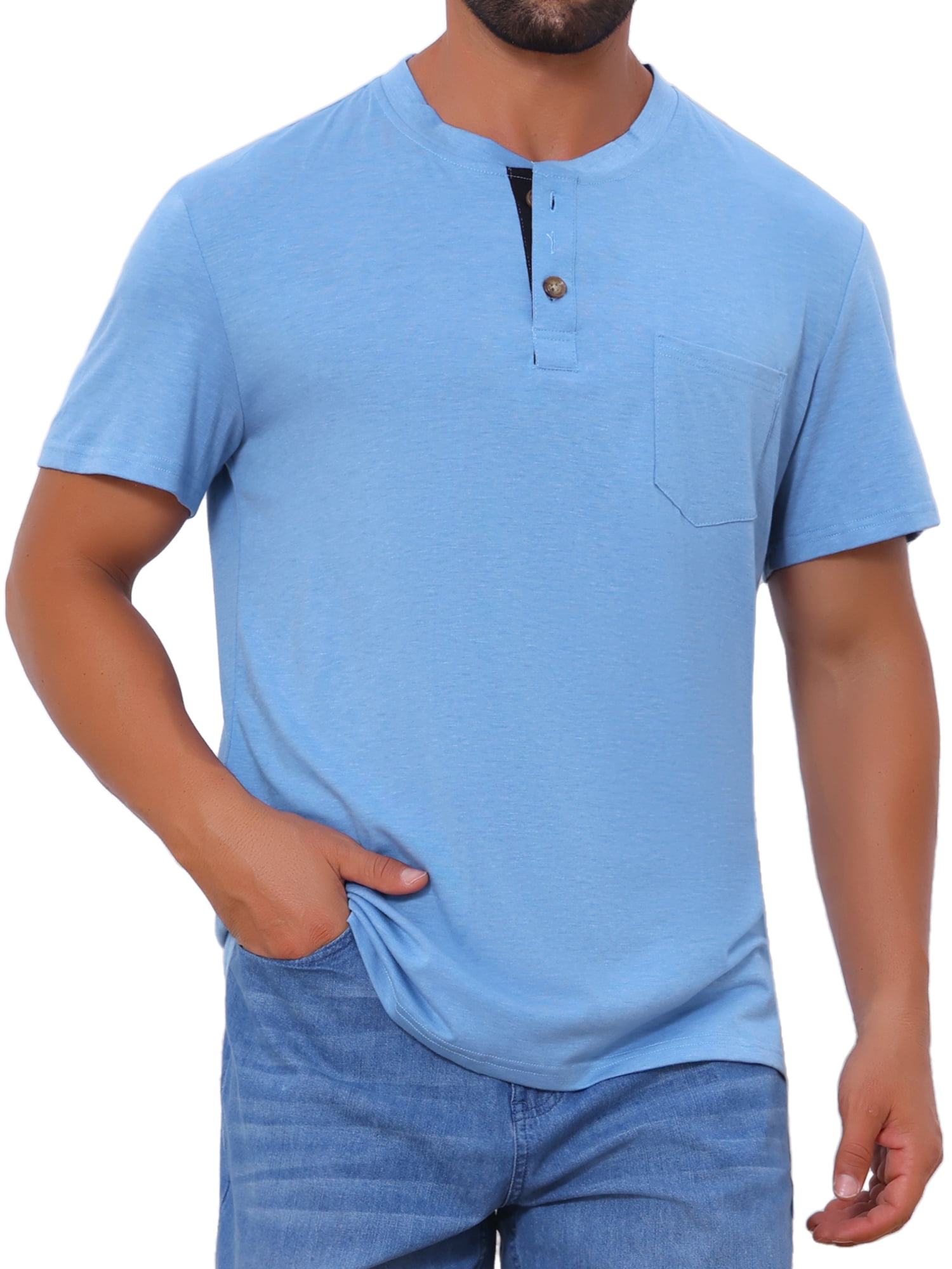 DARING DIVA Men's Casual Summer Short Sleeves Button Henley Basic Tee L Light Blue