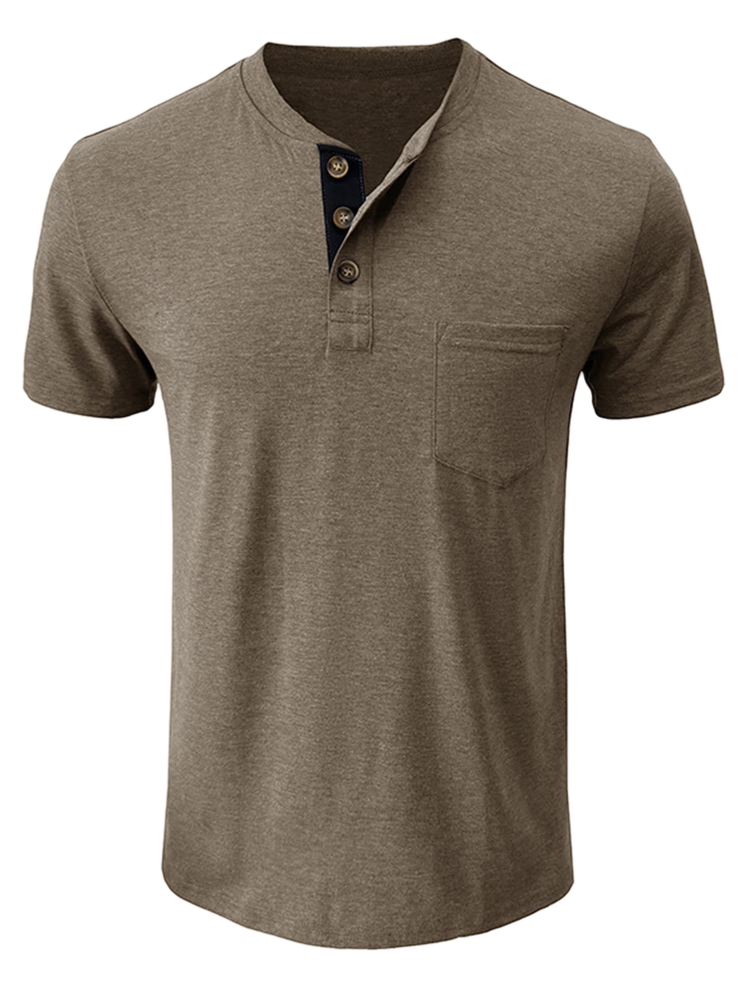 DARING DIVA Men's Casual Summer Short Sleeves Button Henley Basic Tee L Light Brown