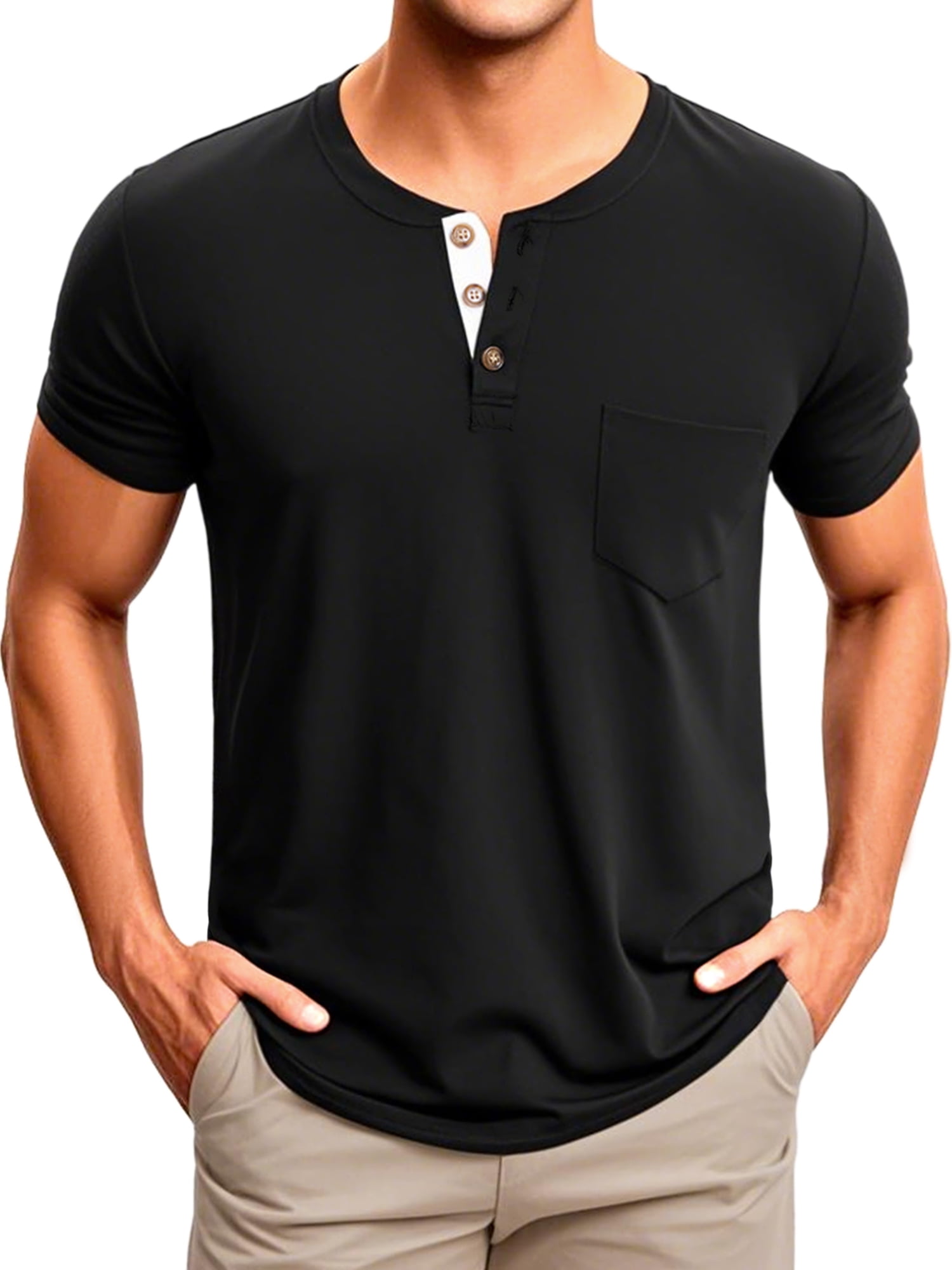 DARING DIVA Men's Casual Summer Short Sleeves Button Henley Basic Tee M Black