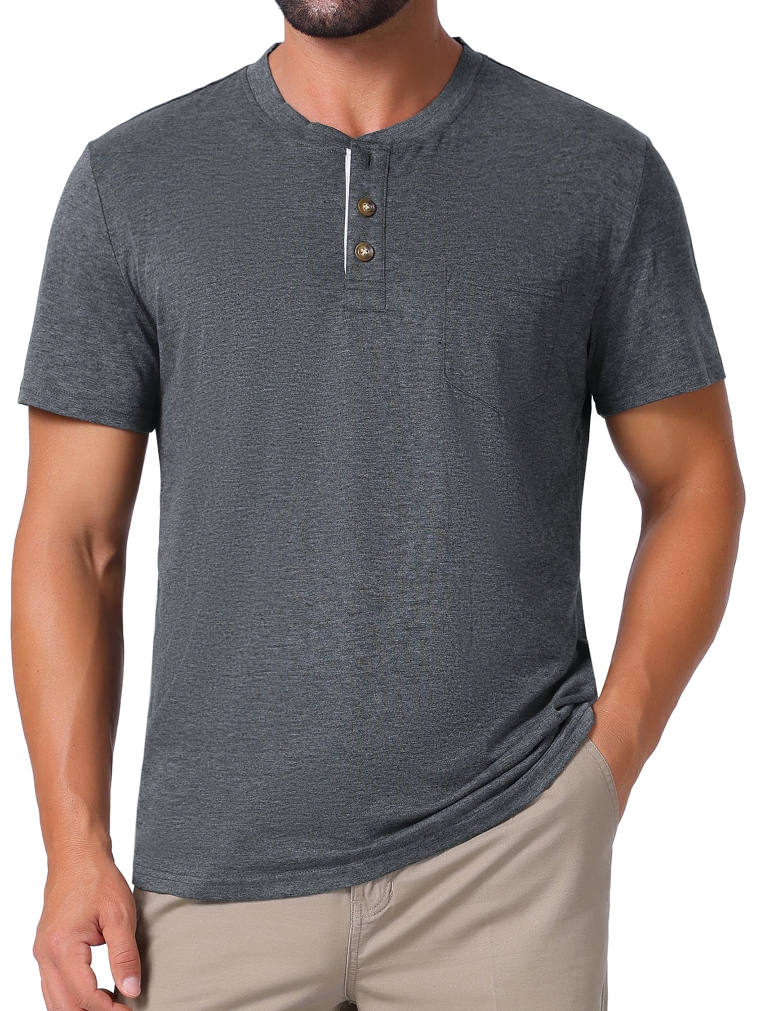 DARING DIVA Men's Casual Summer Short Sleeves Button Henley Basic Tee M Dark Gray