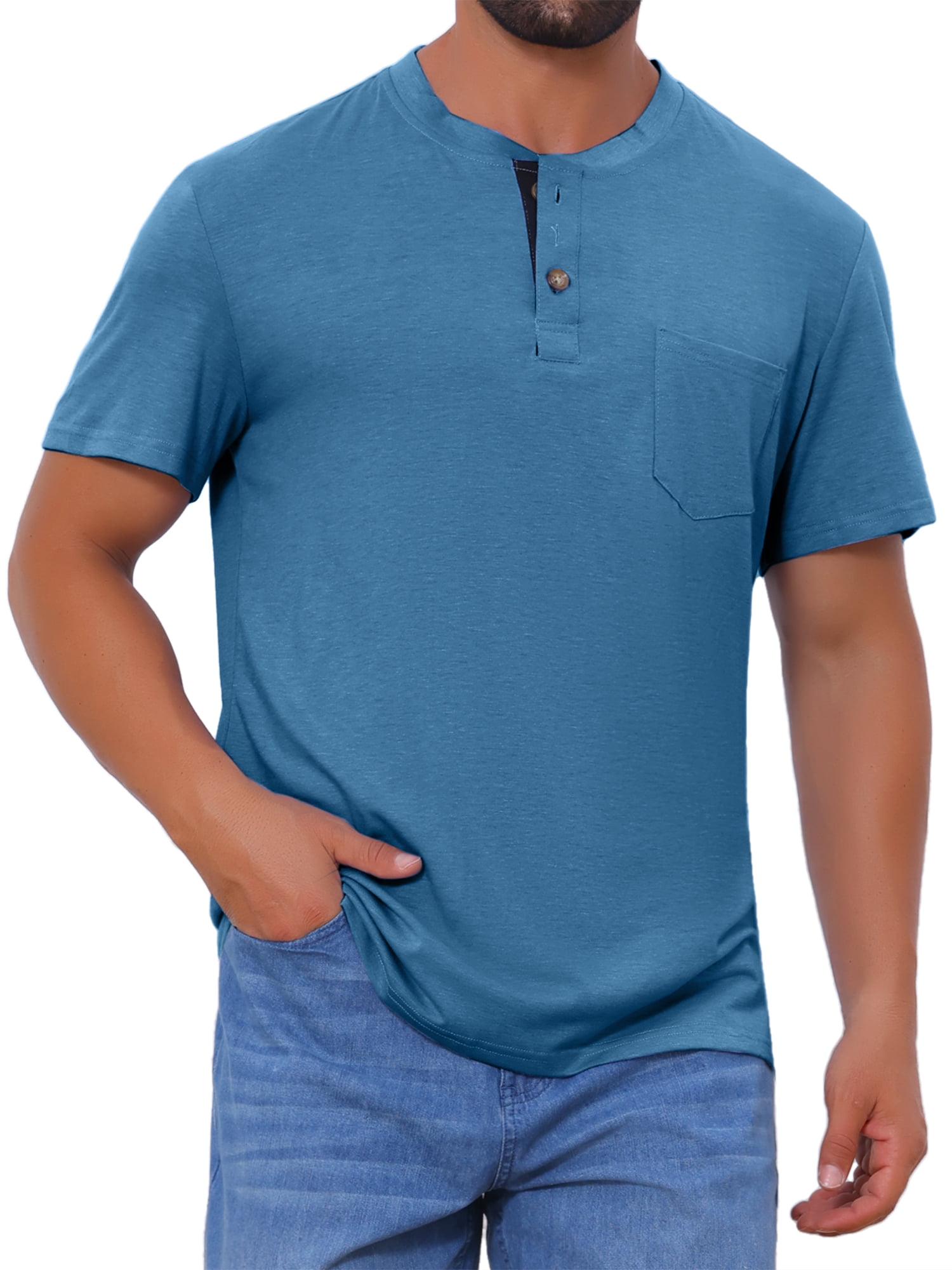DARING DIVA Men's Casual Summer Short Sleeves Button Henley Basic Tee XL Dark Blue