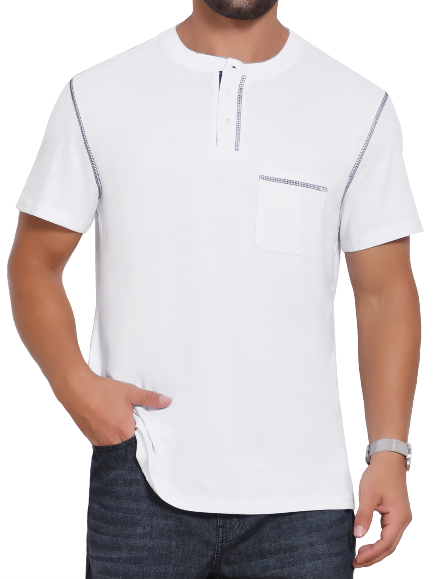 DARING DIVA Men's Henley Crew Neck Short Sleeve Button Down T-Shirt L White