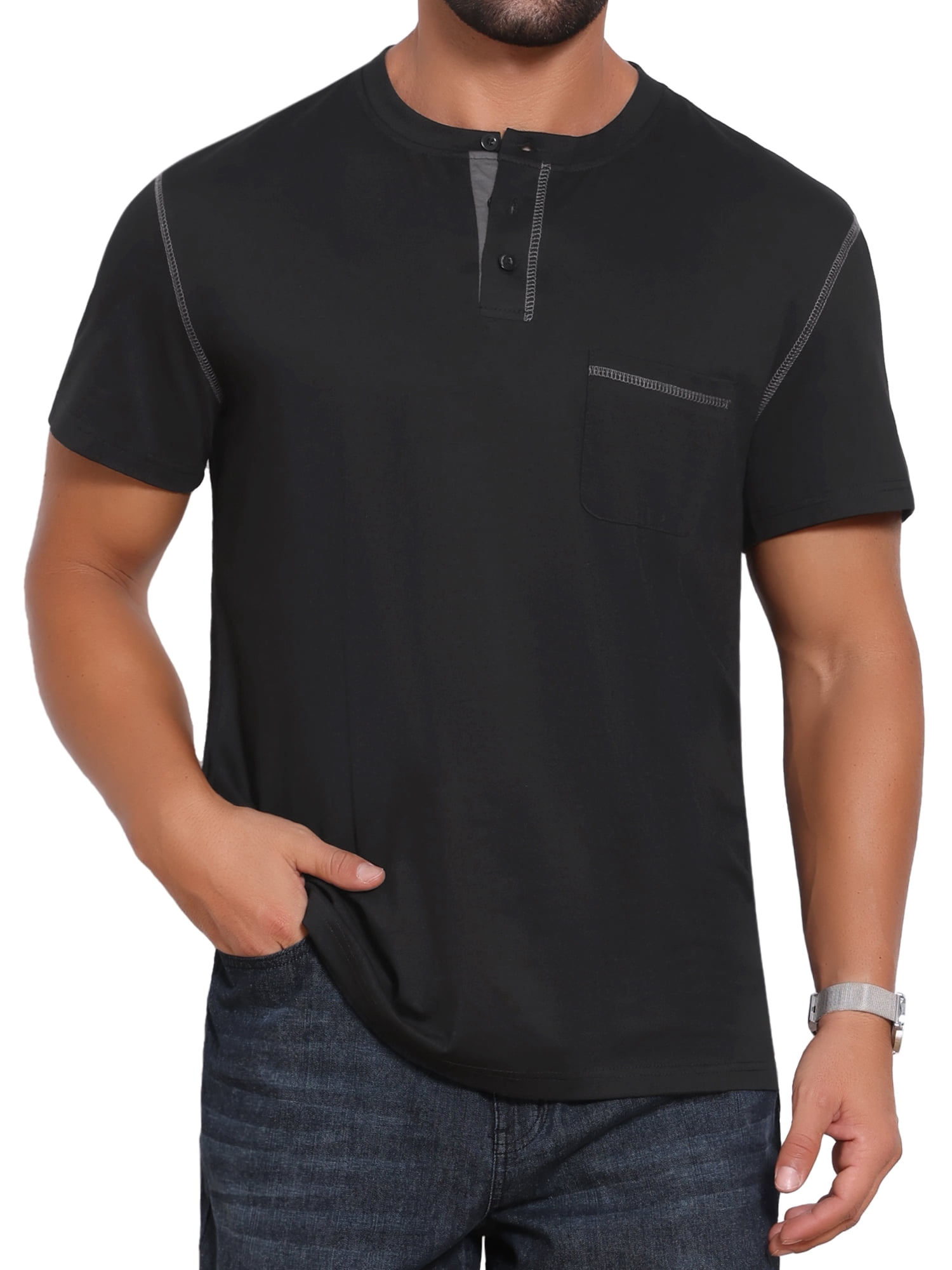 DARING DIVA Men's Henley Crew Neck Short Sleeve Button Down T-Shirt M Black