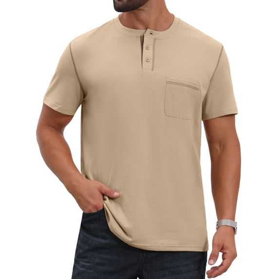DARING DIVA Men's Henley Crew Neck Short Sleeve Button Down T-Shirt M Khaki