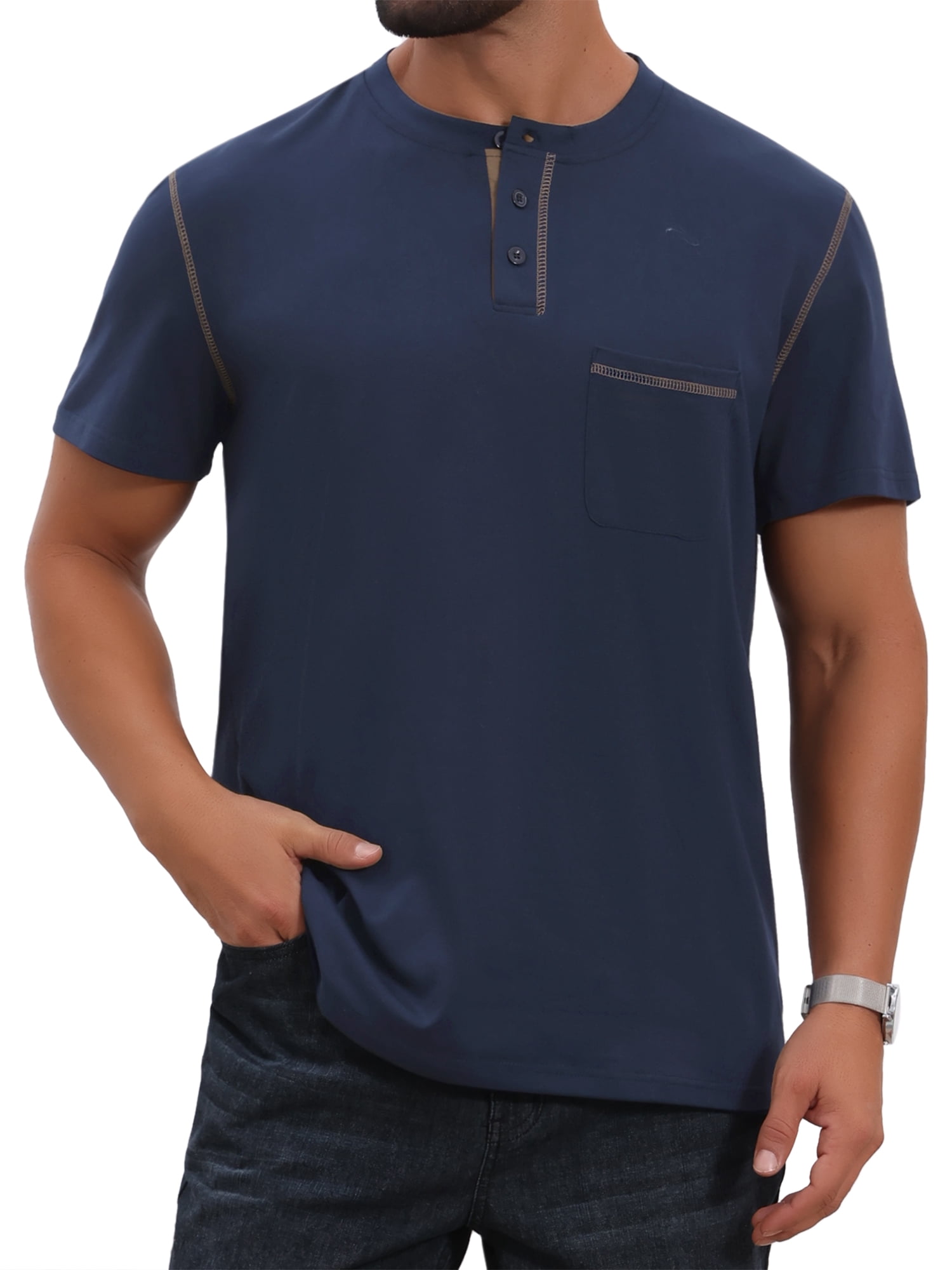 DARING DIVA Men's Henley Crew Neck Short Sleeve Button Down T-Shirt M Navy Blue
