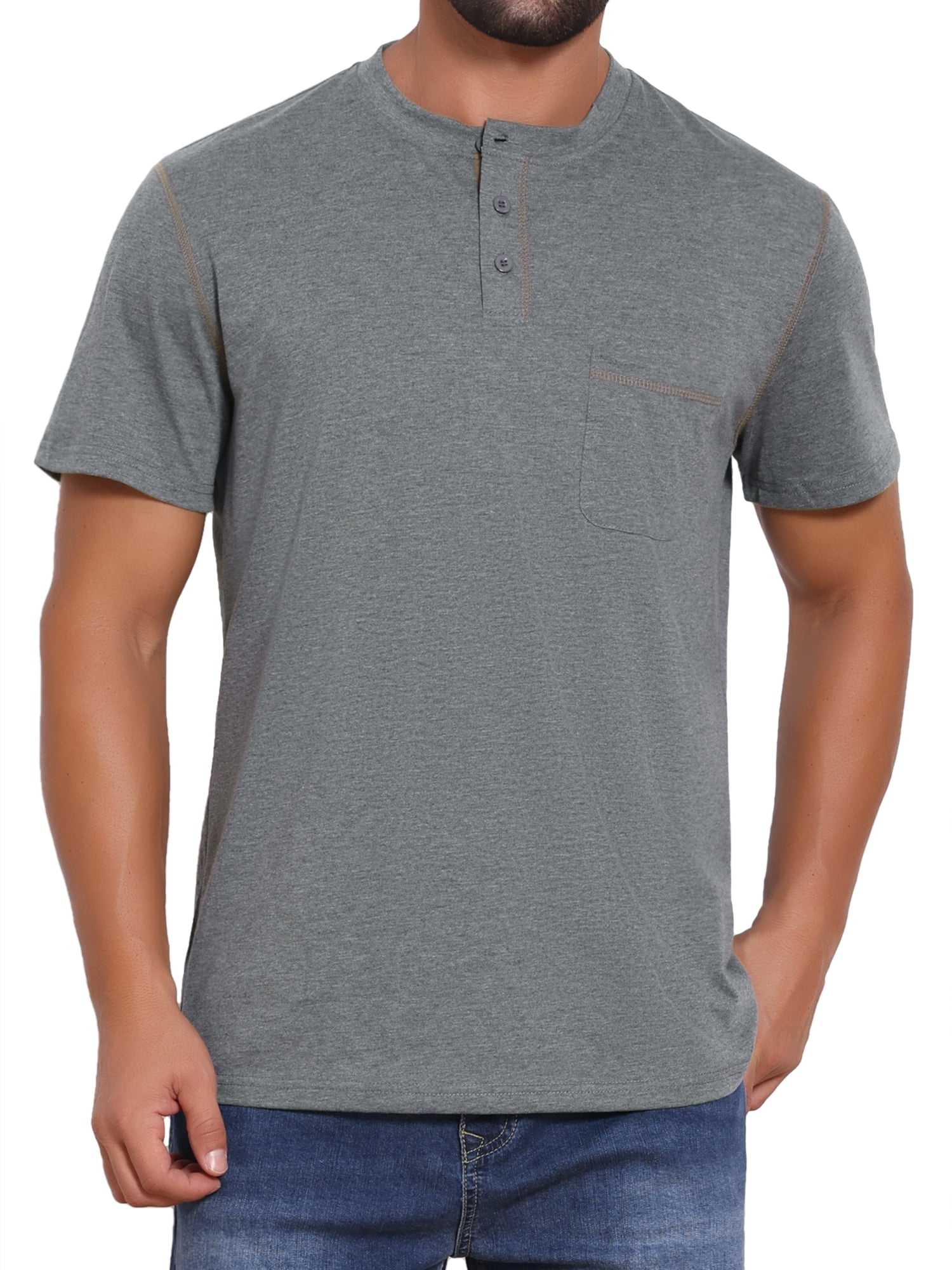 DARING DIVA Men's Henley Crew Neck Short Sleeve Button Down T-Shirt S Gray