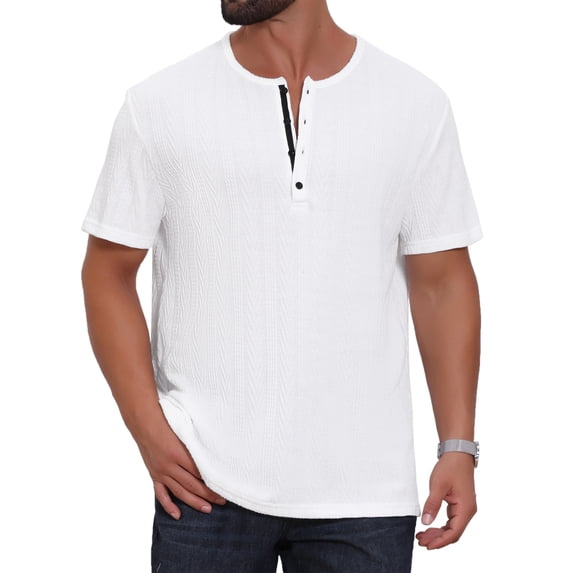 DARING DIVA Men's Henley Short Sleeve Button Down Jacquard Knitted T-Shirt L White