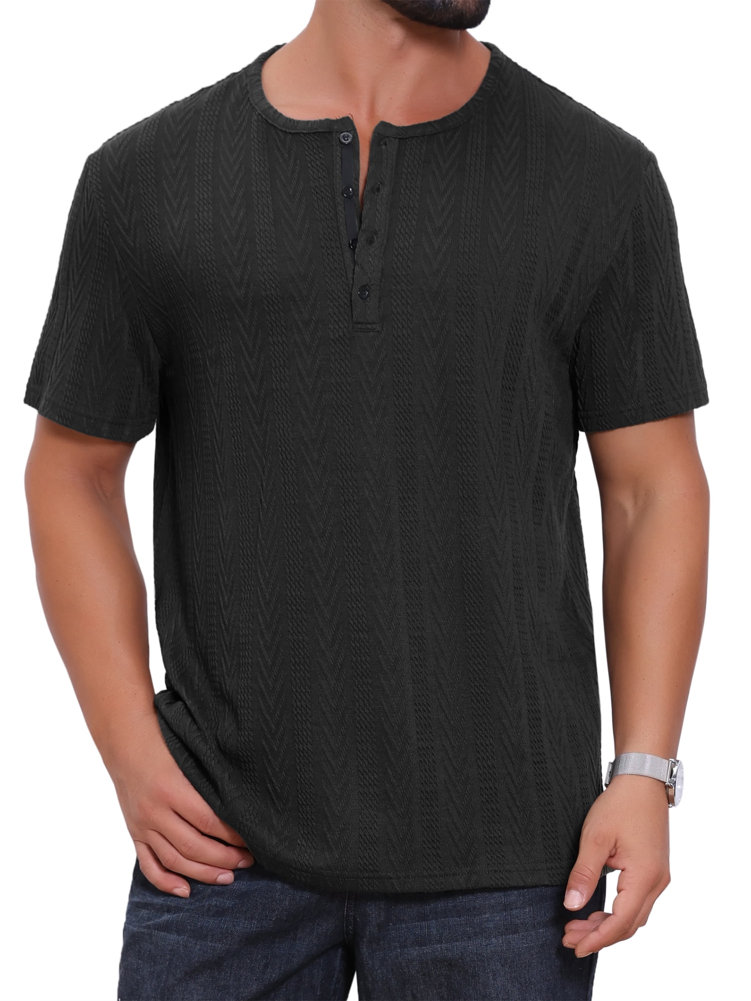 DARING DIVA Men's Henley Short Sleeve Button Down Jacquard Knitted T-Shirt M Black