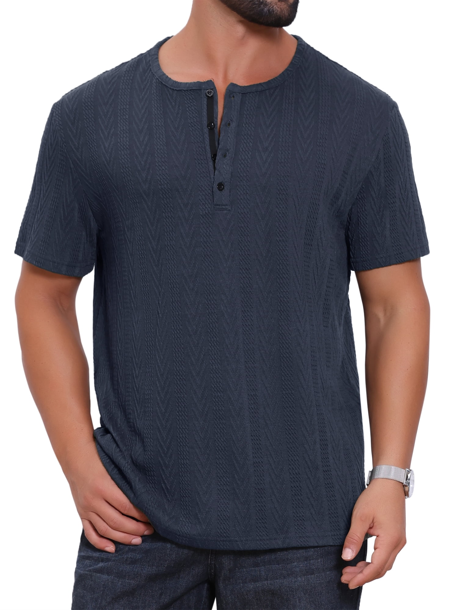 DARING DIVA Men's Henley Short Sleeve Button Down Jacquard Knitted T-Shirt M Dark Blue