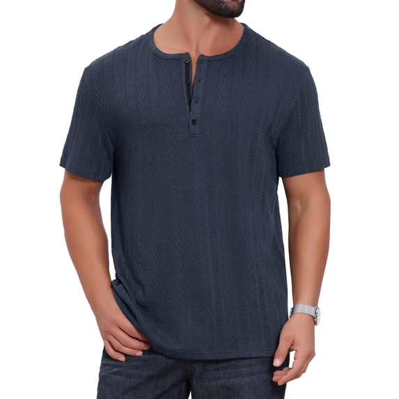 DARING DIVA Men's Henley Short Sleeve Button Down Jacquard Knitted T-Shirt M Dark Blue