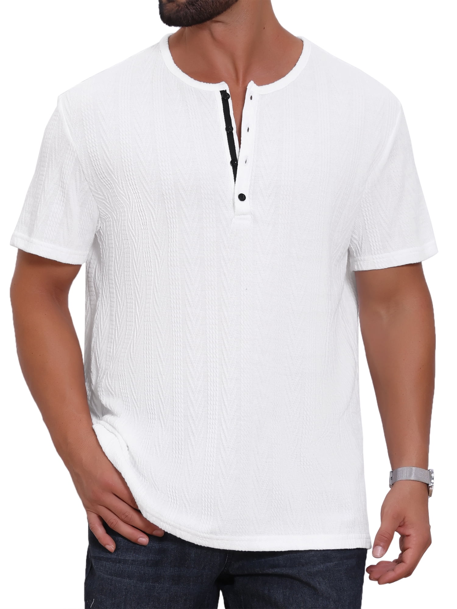 DARING DIVA Men's Henley Short Sleeve Button Down Jacquard Knitted T-Shirt S White