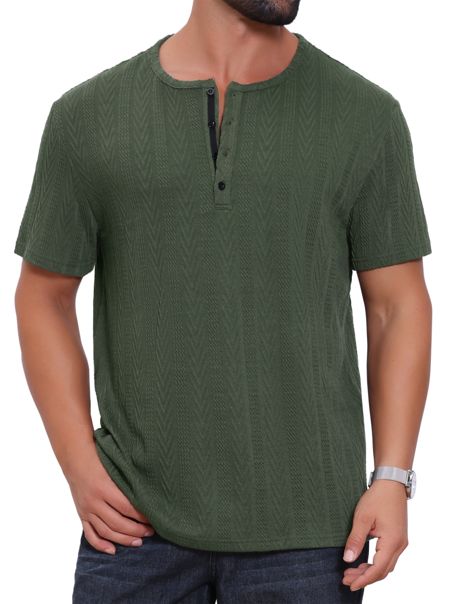 DARING DIVA Men's Henley Short Sleeve Button Down Jacquard Knitted T-Shirt XL Green