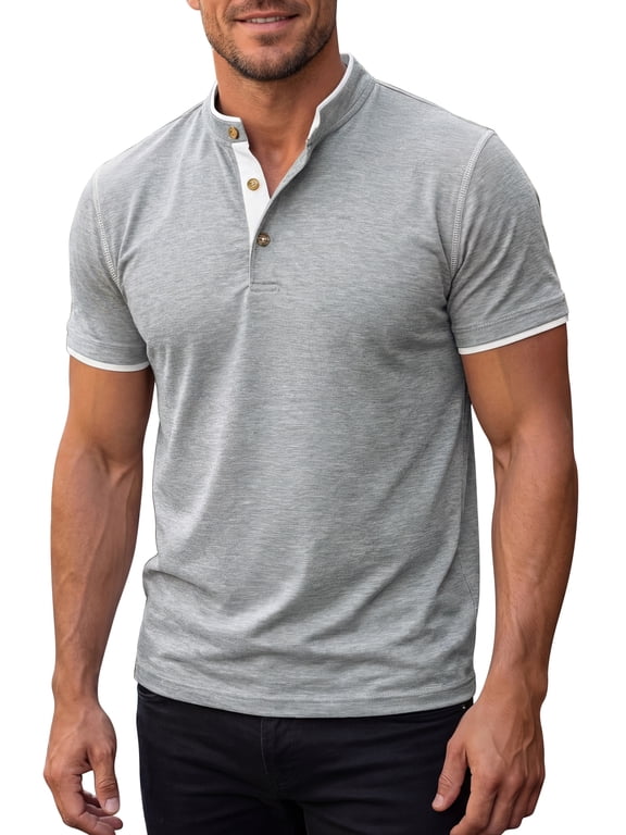 Men's Henley T-Shirts Short Sleeve Casual Contrast Trim T-Shirts Light Gray XL
