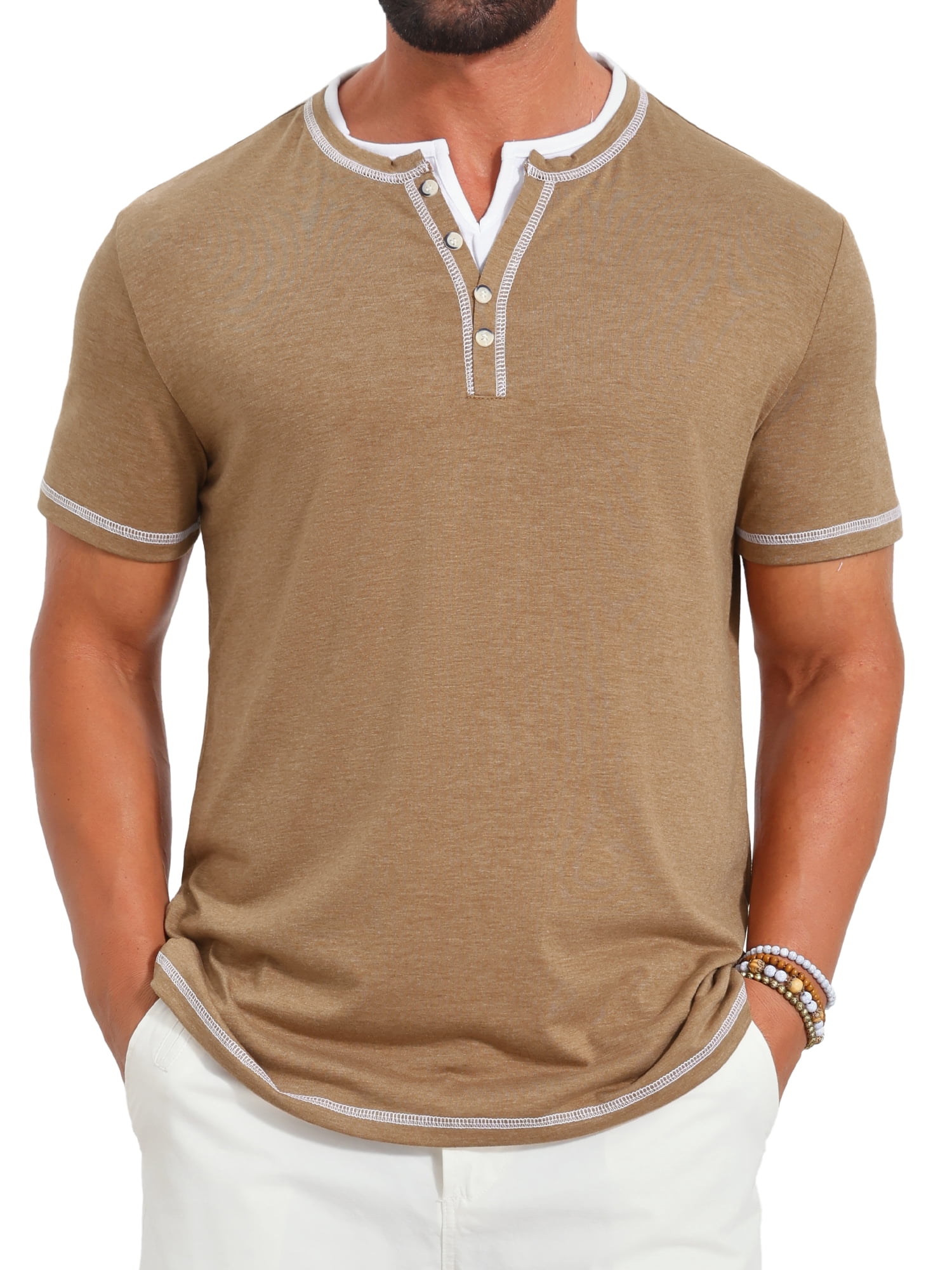 DARING DIVA Men's Henley V-Neck Colorblock Button Down Short Sleeve T-Shirt 2XL Khaki