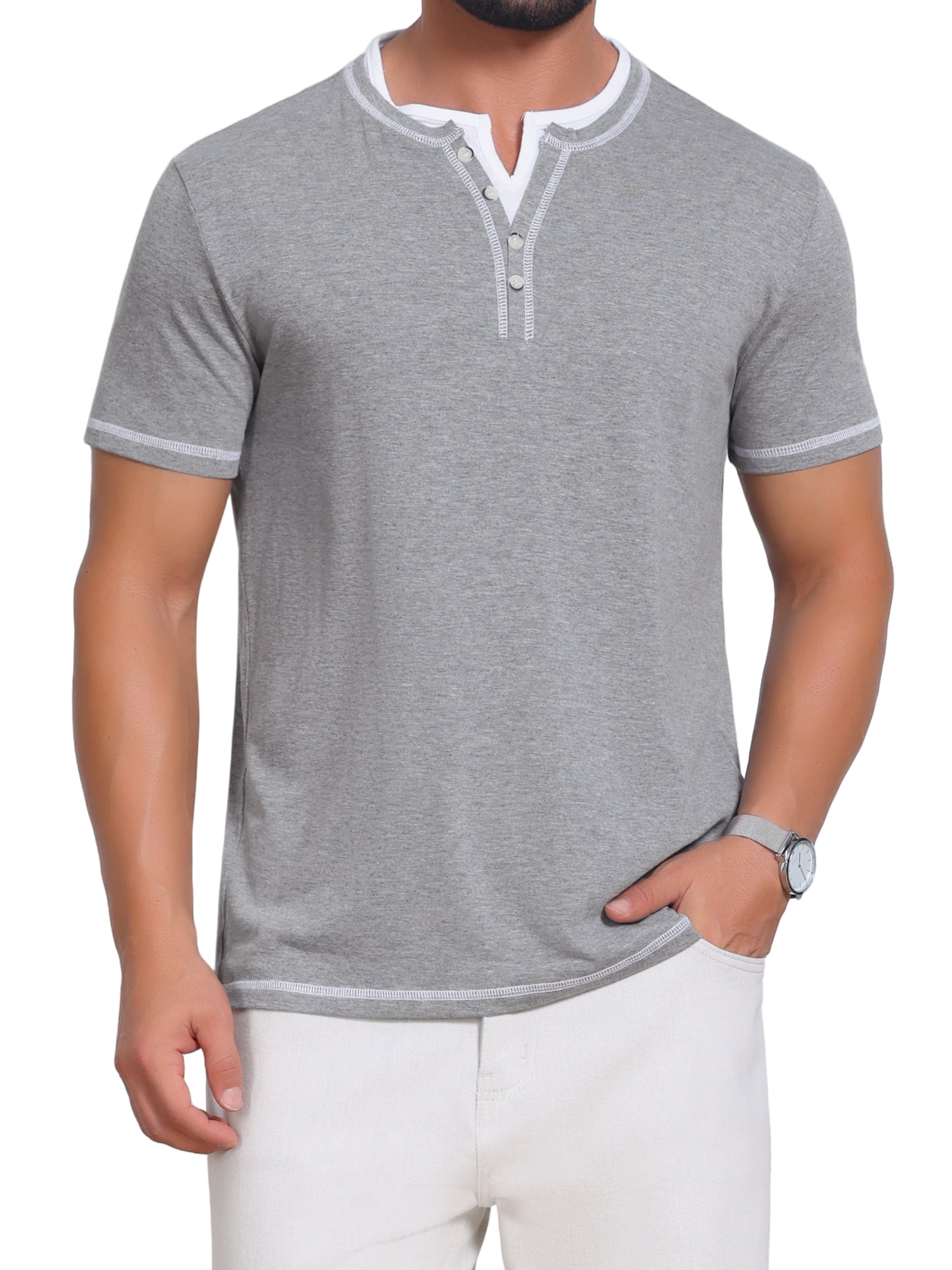 DARING DIVA Men's Henley V-Neck Colorblock Button Down Short Sleeve T-Shirt M Light Gray