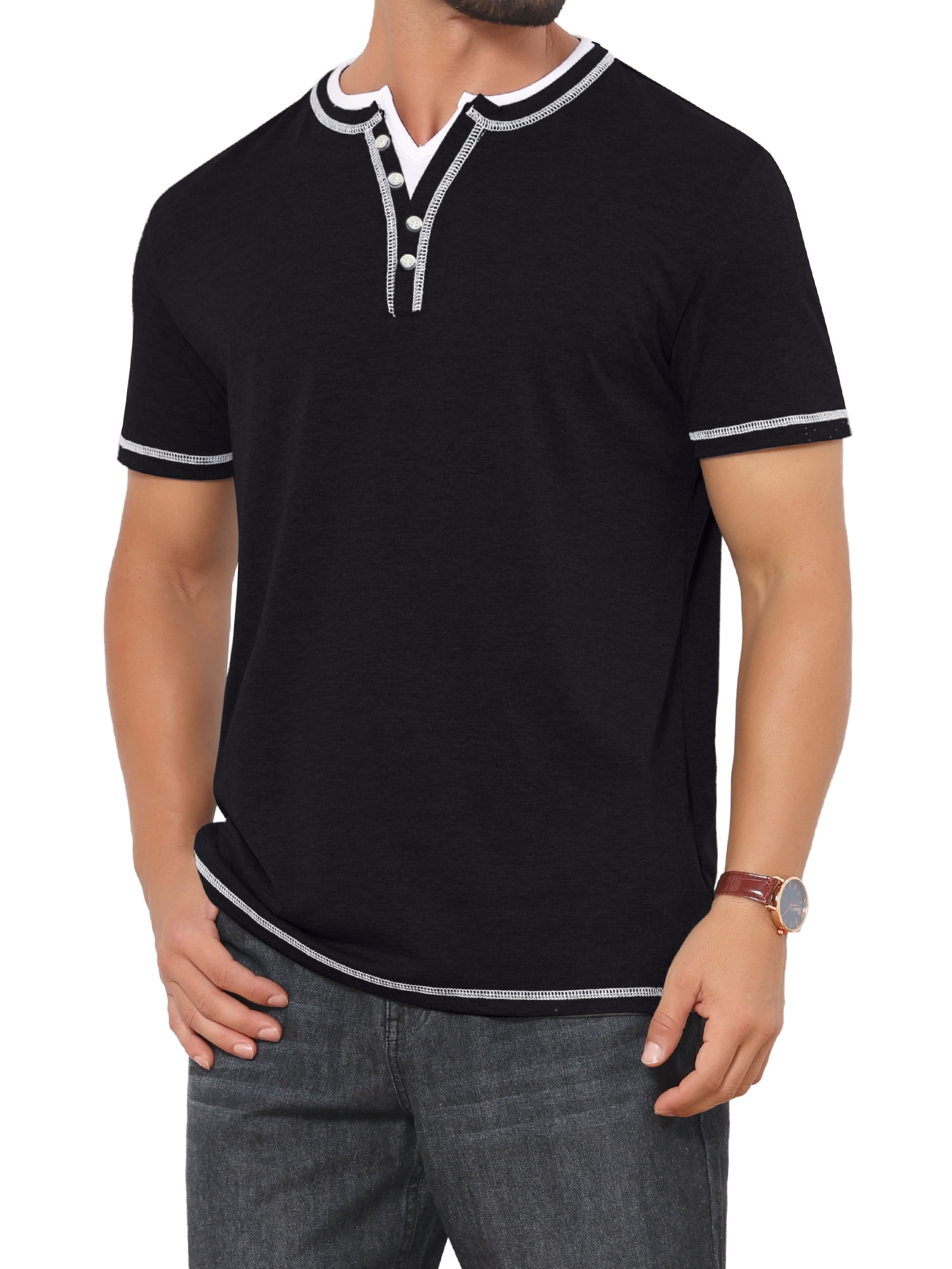 DARING DIVA Men's Henley V-Neck Colorblock Button Down Short Sleeve T-Shirt S Black